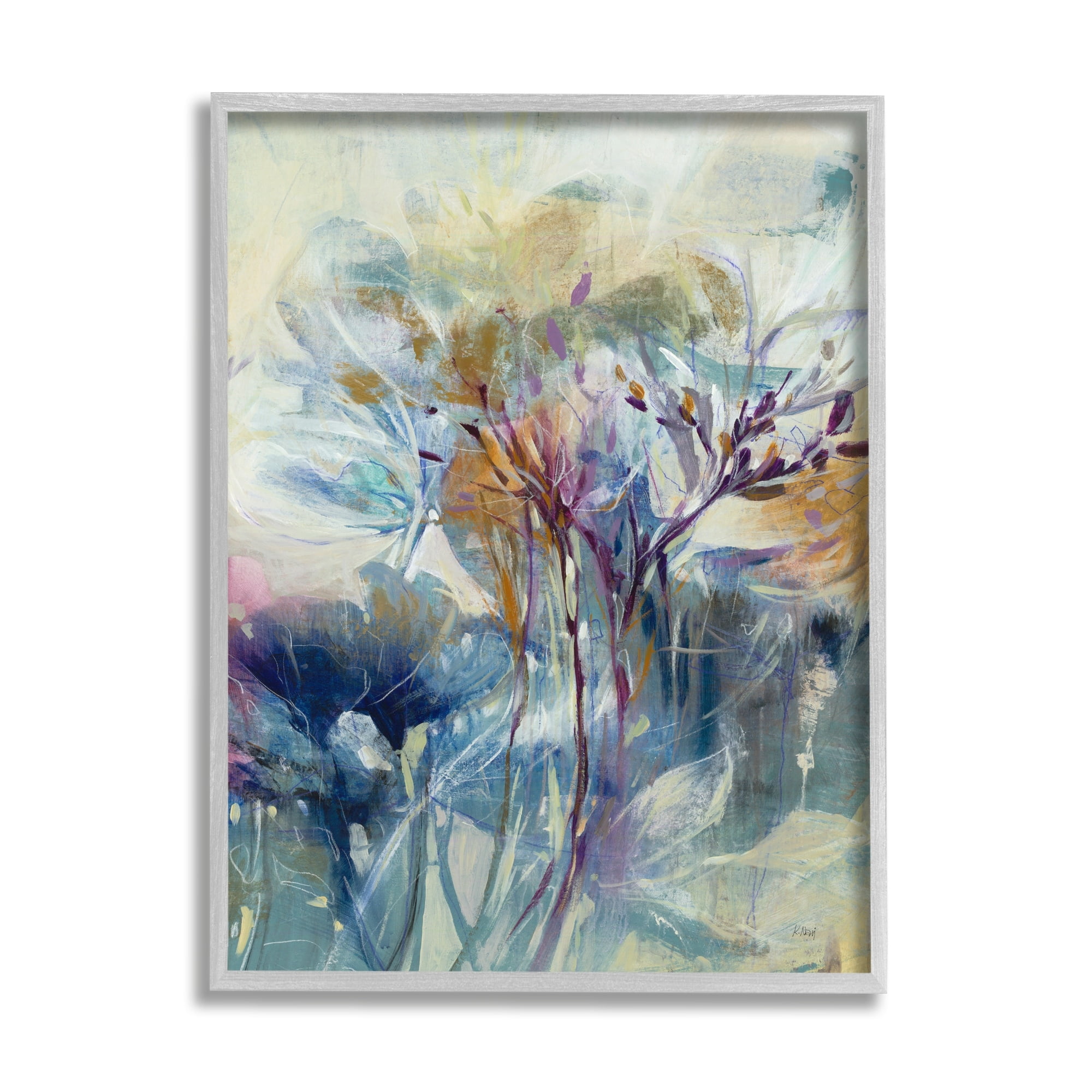 Stupell Industries Blooming Floral Blossoms Layered Botanical Outline Painting Painting Gray Framed Art Print Wall Art, Design by K. Nari