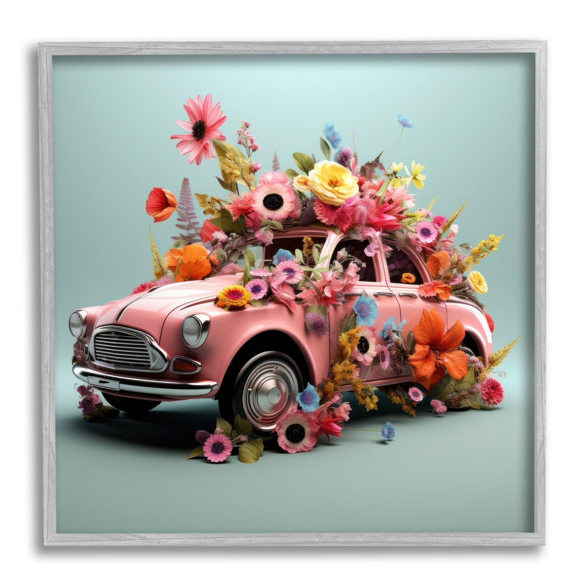 Stupell Industries Blooming Florals Antique Car Transportation Painting Gray Framed Art Print Wall Art, 12 x 12