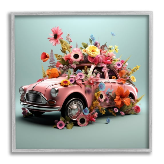 Stupell Industries Blooming Florals Antique Car Transportation Painting Gray Framed Art Print Wall Art, 17 x 17