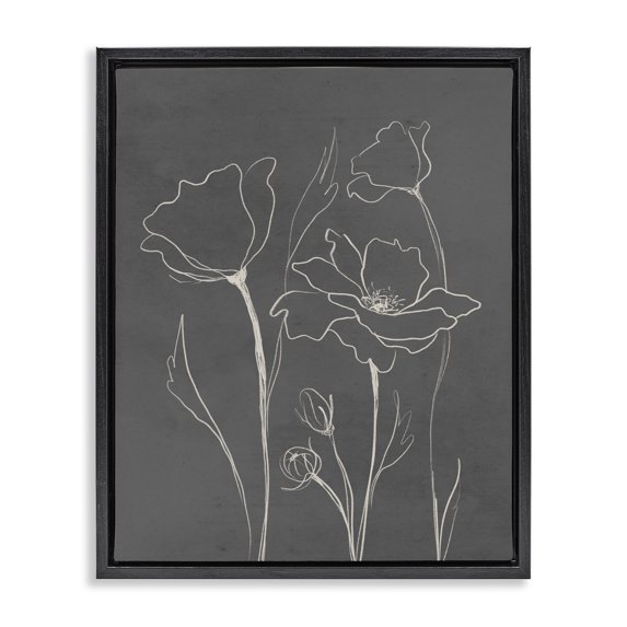 Stupell Industries Mid-Century Blooming Flower Buds Casual Grey Line Doodle Black Floating Frame Canvas Art, 17 x 21, by Elizabeth Medley