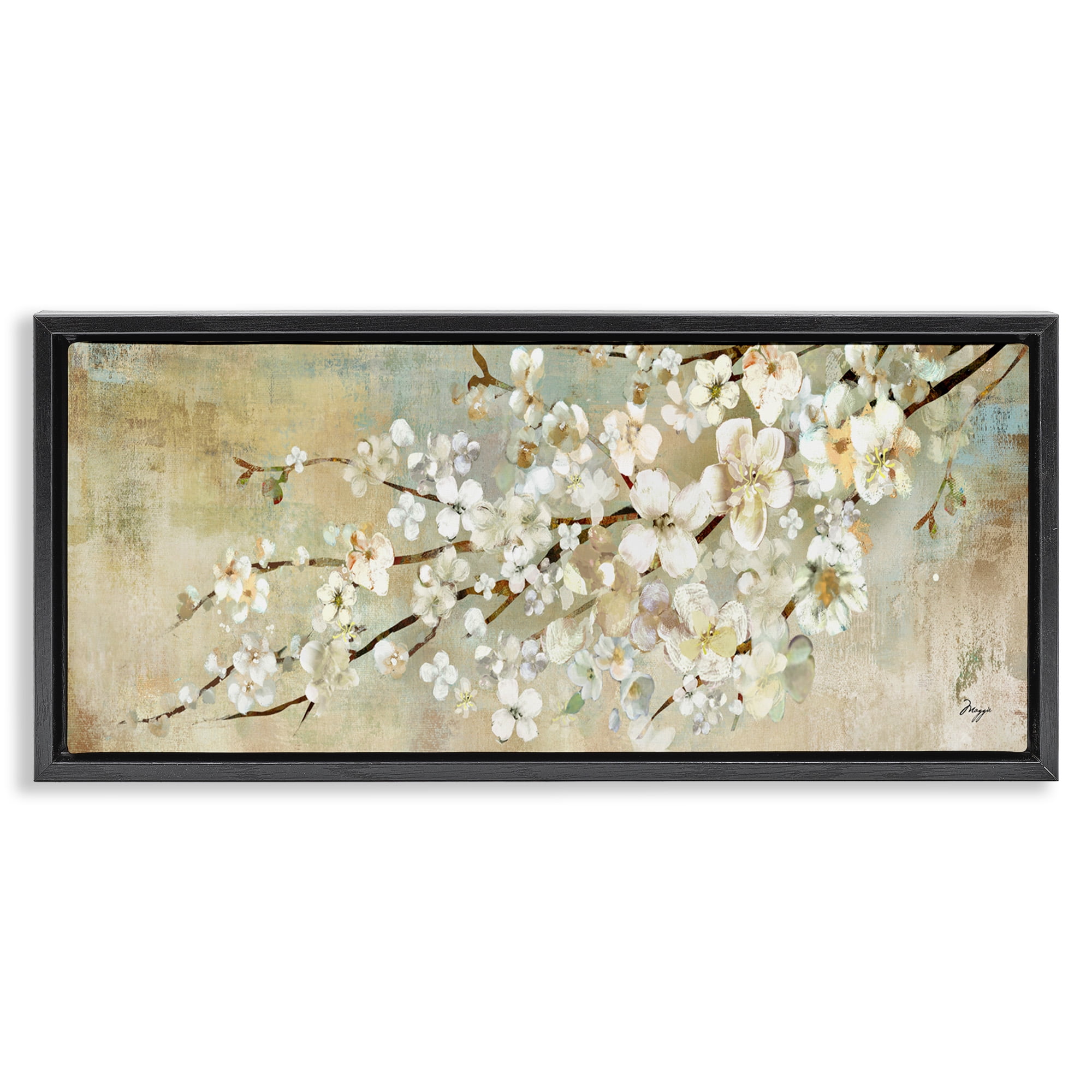 Stupell Industries Blooming Flower Tree Branch Painting Botanical & Floral Painting Black Floater Framed Canvas Art Print Wall Art, 25 x 11