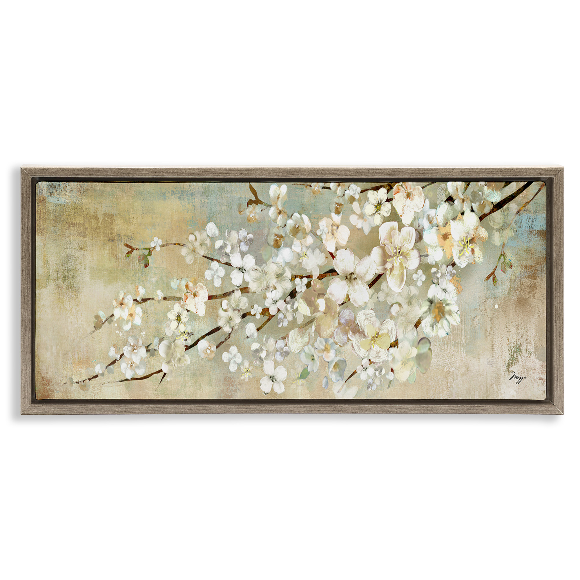 Stupell Industries Blooming Flower Tree Branch Painting Botanical & Floral Painting Brown Floater Framed Canvas Art Print Wall Art, 31 x 14