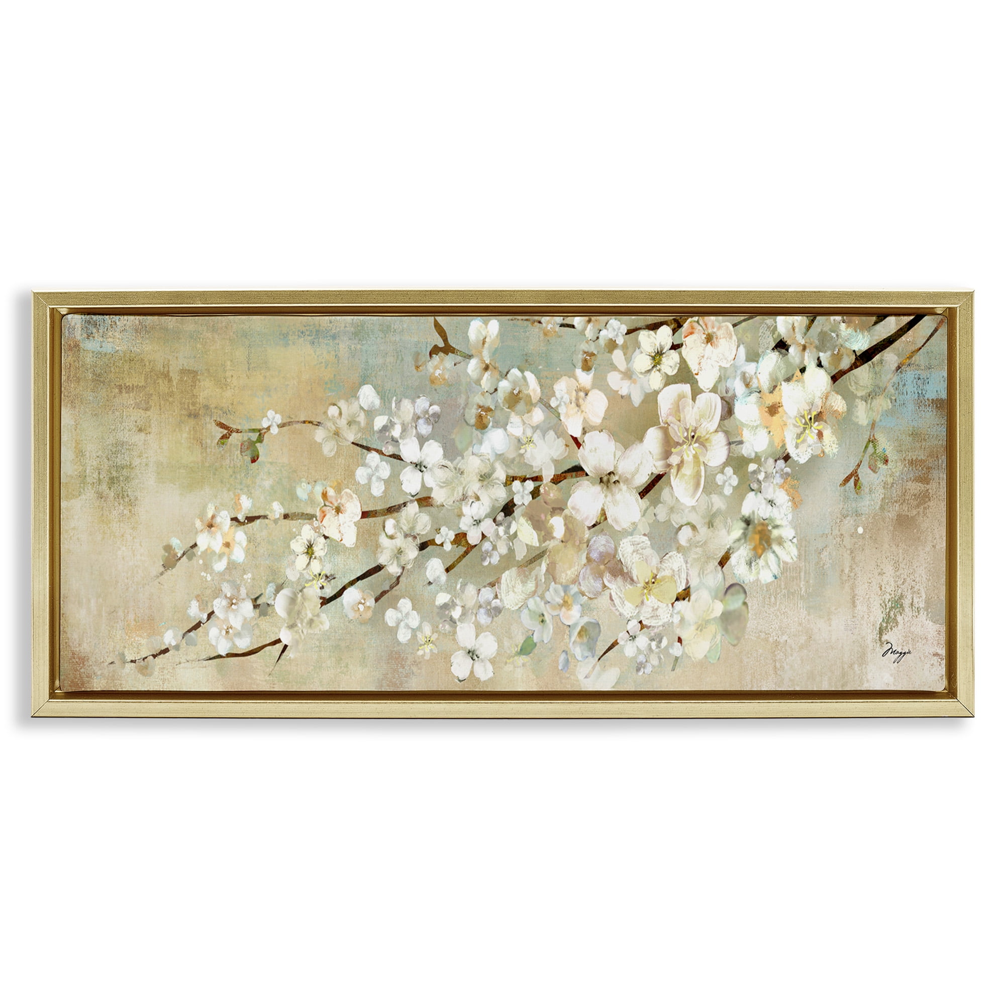 Stupell Industries Blooming Flower Tree Branch Painting Botanical & Floral Painting Gold Floater Framed Canvas Art Print Wall Art, 31 x 14