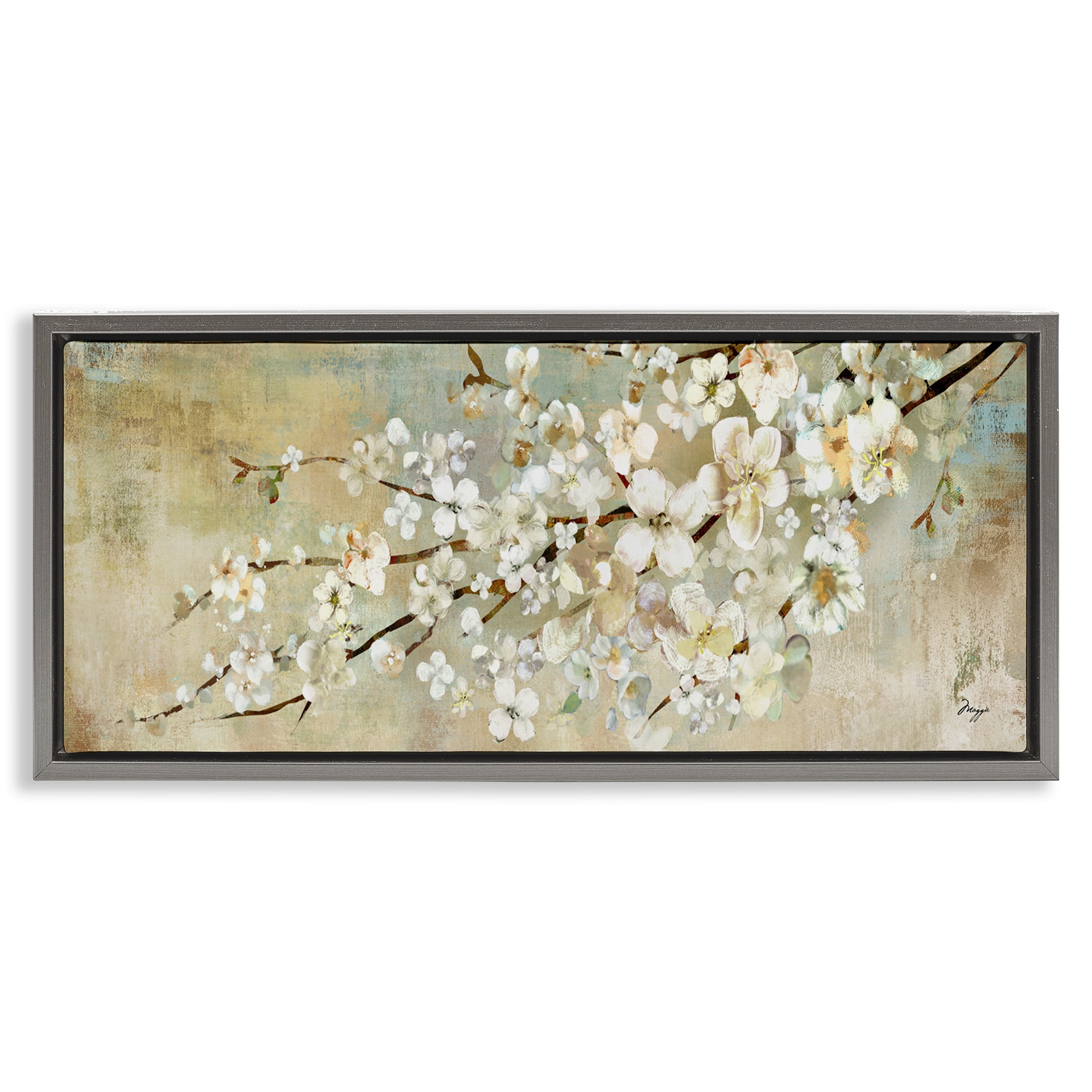 Stupell Industries Blooming Flower Tree Branch Painting Botanical & Floral Painting Gray Floater Framed Canvas Art Print Wall Art, 25 x 11