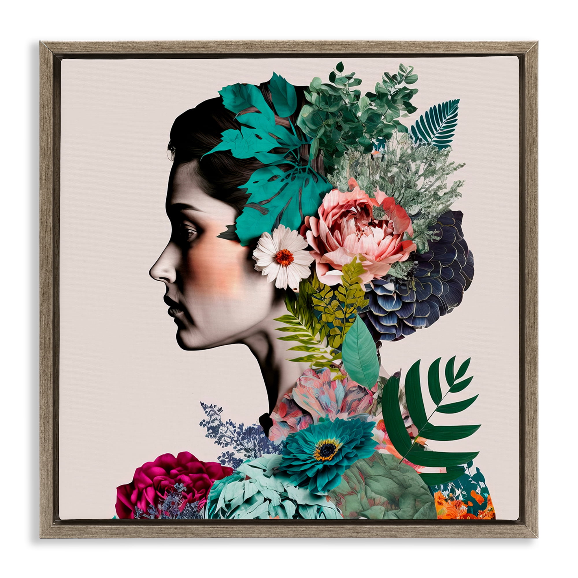 Stupell Industries Blooming Flowers Visage People Painting Brown Floater Framed Canvas Art Print Wall Art, 18 x 18