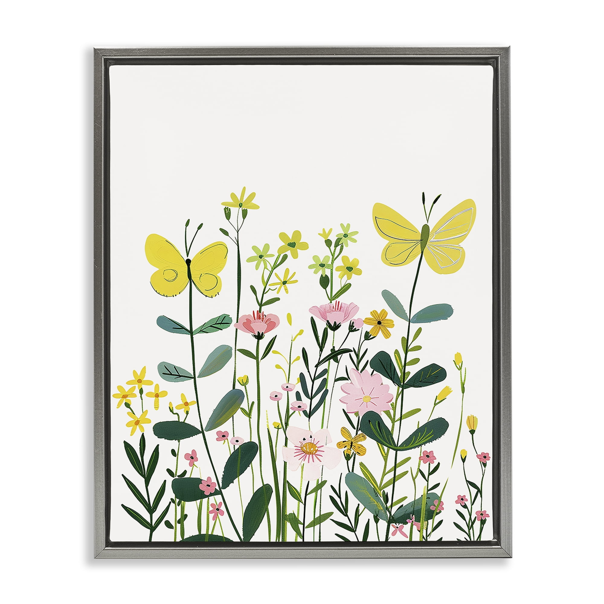 Stupell Industries Blooming Garden Butterflies Plants & Flowers Painting Gray Floater Framed Canvas Art Print Wall Art, 17 x 21