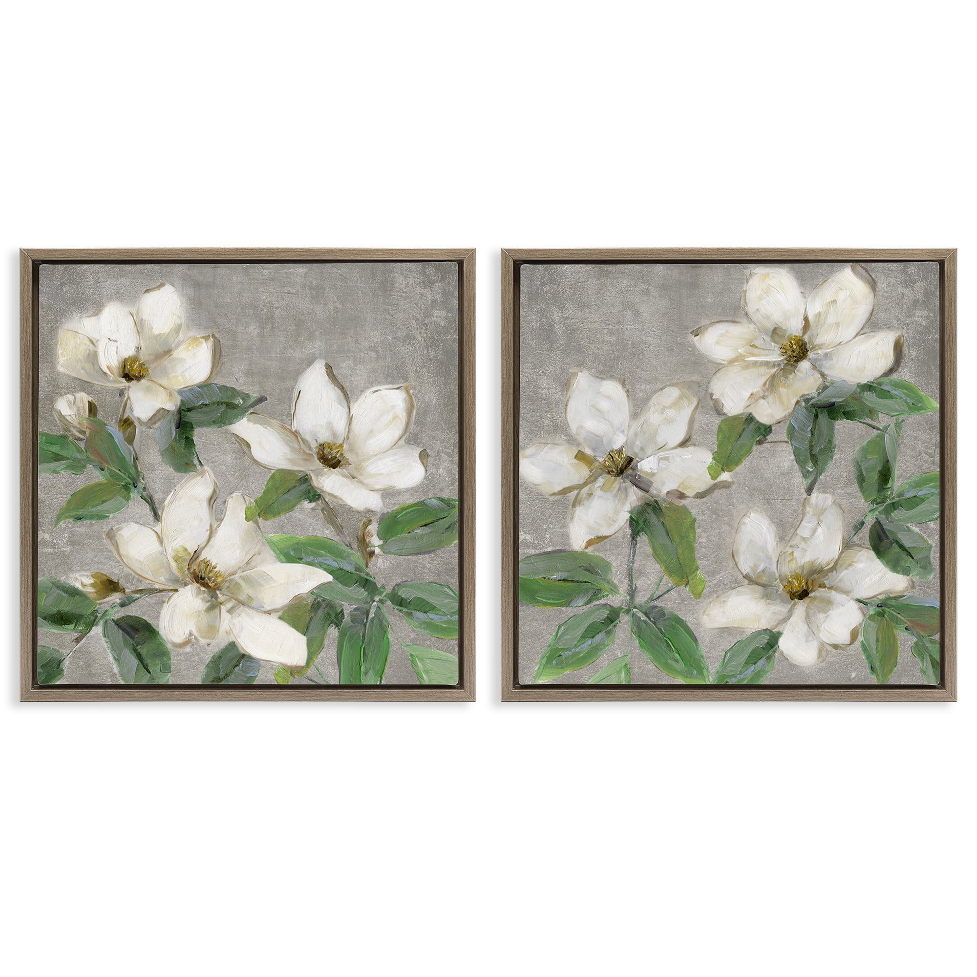 Stupell Industries Blooming Ivory Magnolias 2 Piece Brown Framed Floater Canvas Set, design by Sally Swatland