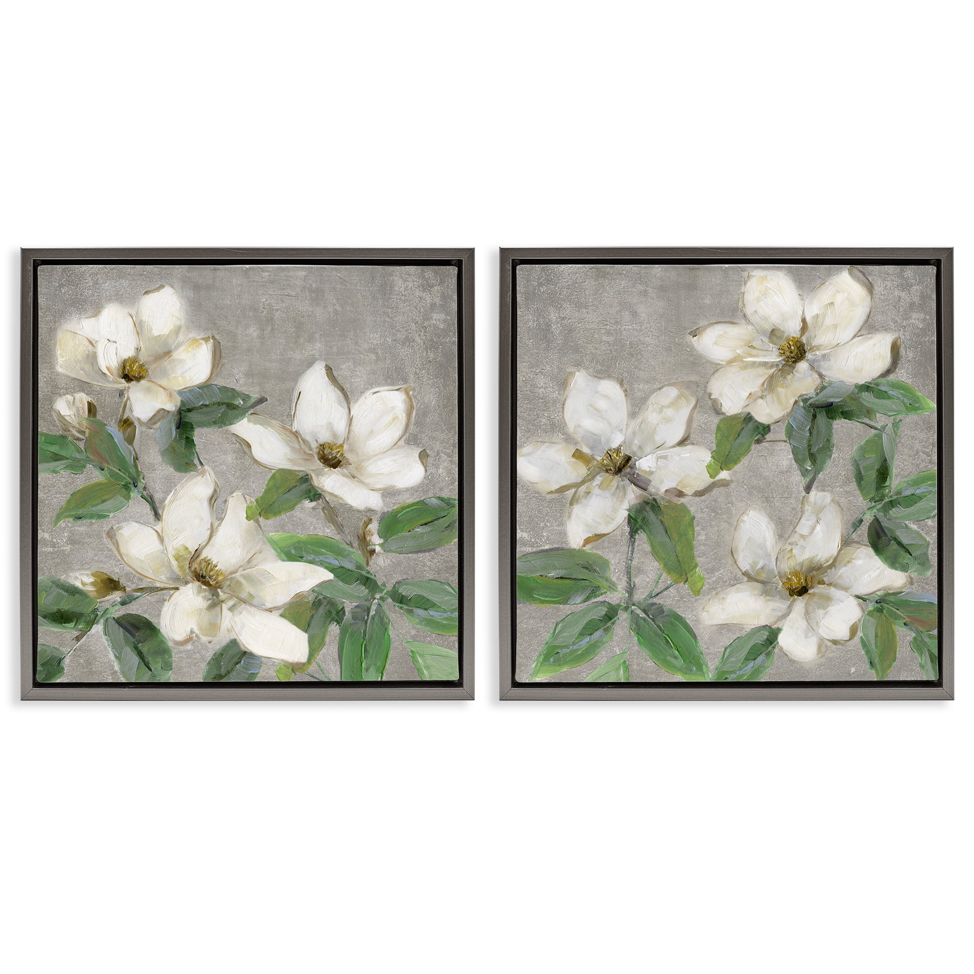 Stupell Industries Blooming Ivory Magnolias 2 Piece Gray Framed Floater Canvas Set, design by Sally Swatland