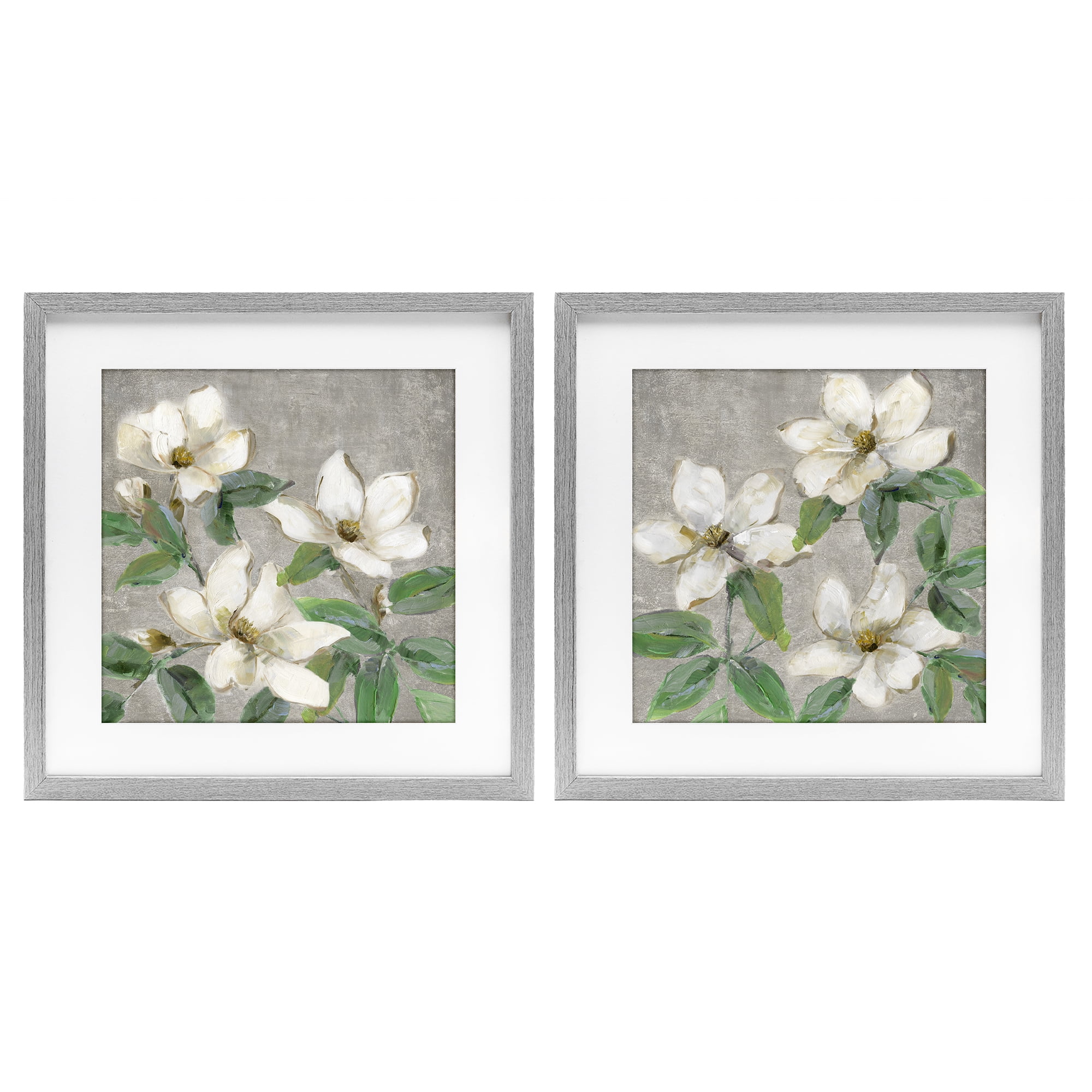 Stupell Industries Blooming Ivory Magnolias 2 Piece Gray Framed Print Under Glass Set, design by Sally Swatland