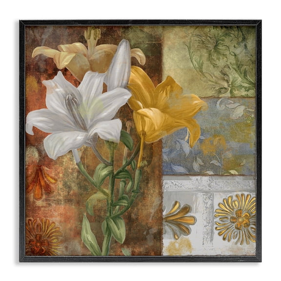 Stupell Industries Blooming Lilies on Tile Pattern Floral Painting Black Framed Art Print Wall Art, 12 x 12