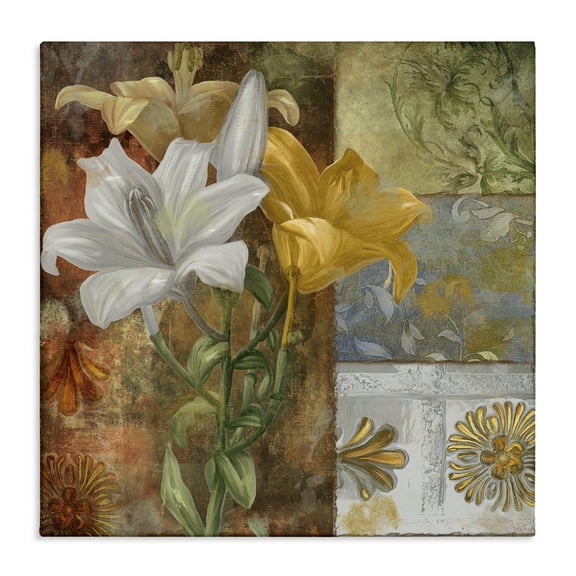 Stupell Industries Blooming Lilies on Tile Pattern Floral Painting Wrapped Canvas Canvas Art Print Wall Art, 24 x 24