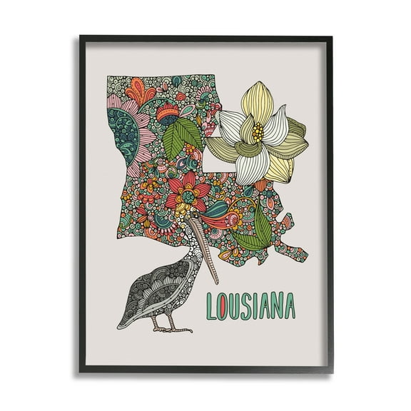 Stupell Industries Blooming Louisiana Magnolia State Pelican Intricate Patterns Graphic Art Black Framed Art Print Wall Art, Design by Valentina Harper