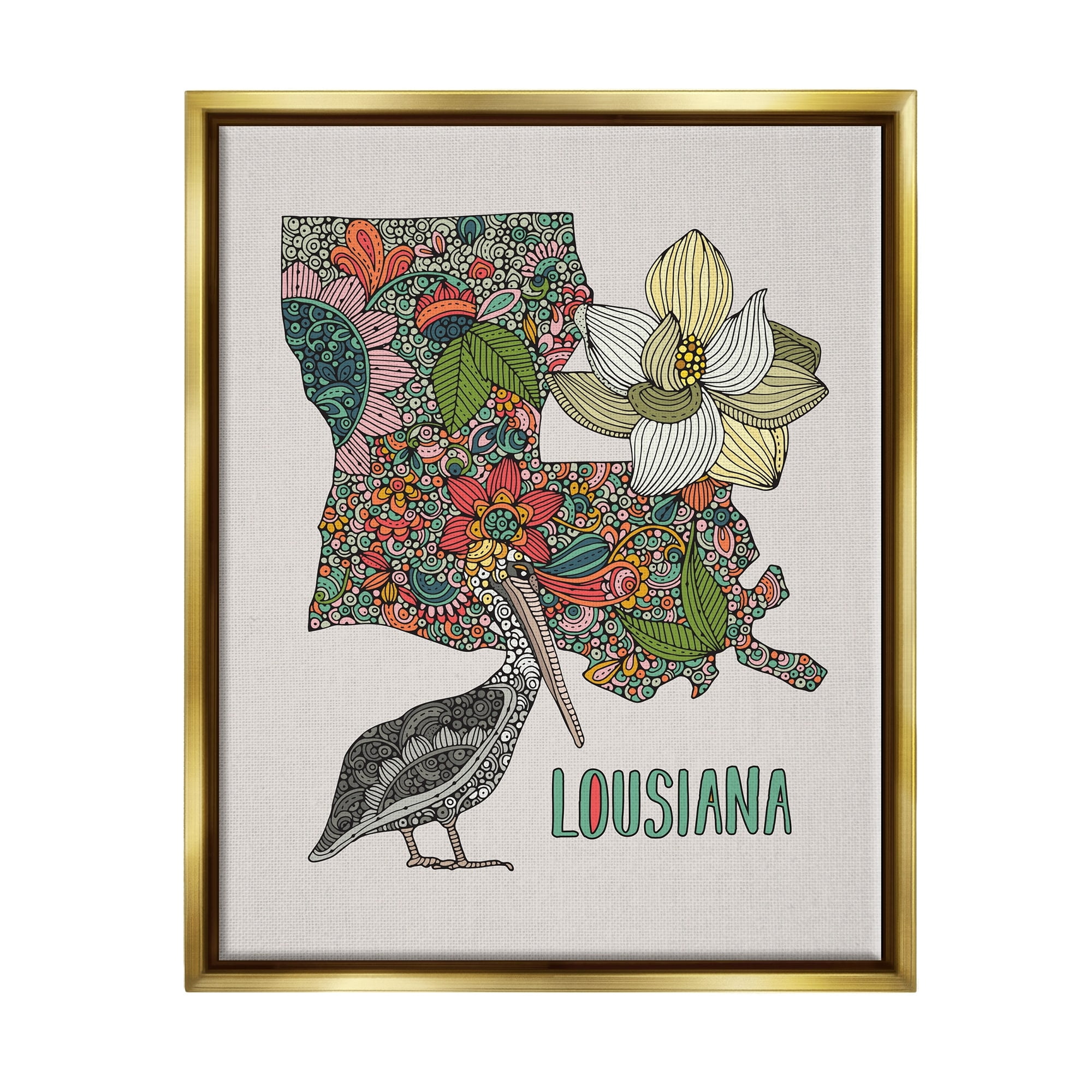 Stupell Industries Blooming Louisiana Magnolia State Pelican Intricate Patterns Graphic Art Metallic Gold Floating Framed Canvas Print Wall Art, Design by Valentina Harper