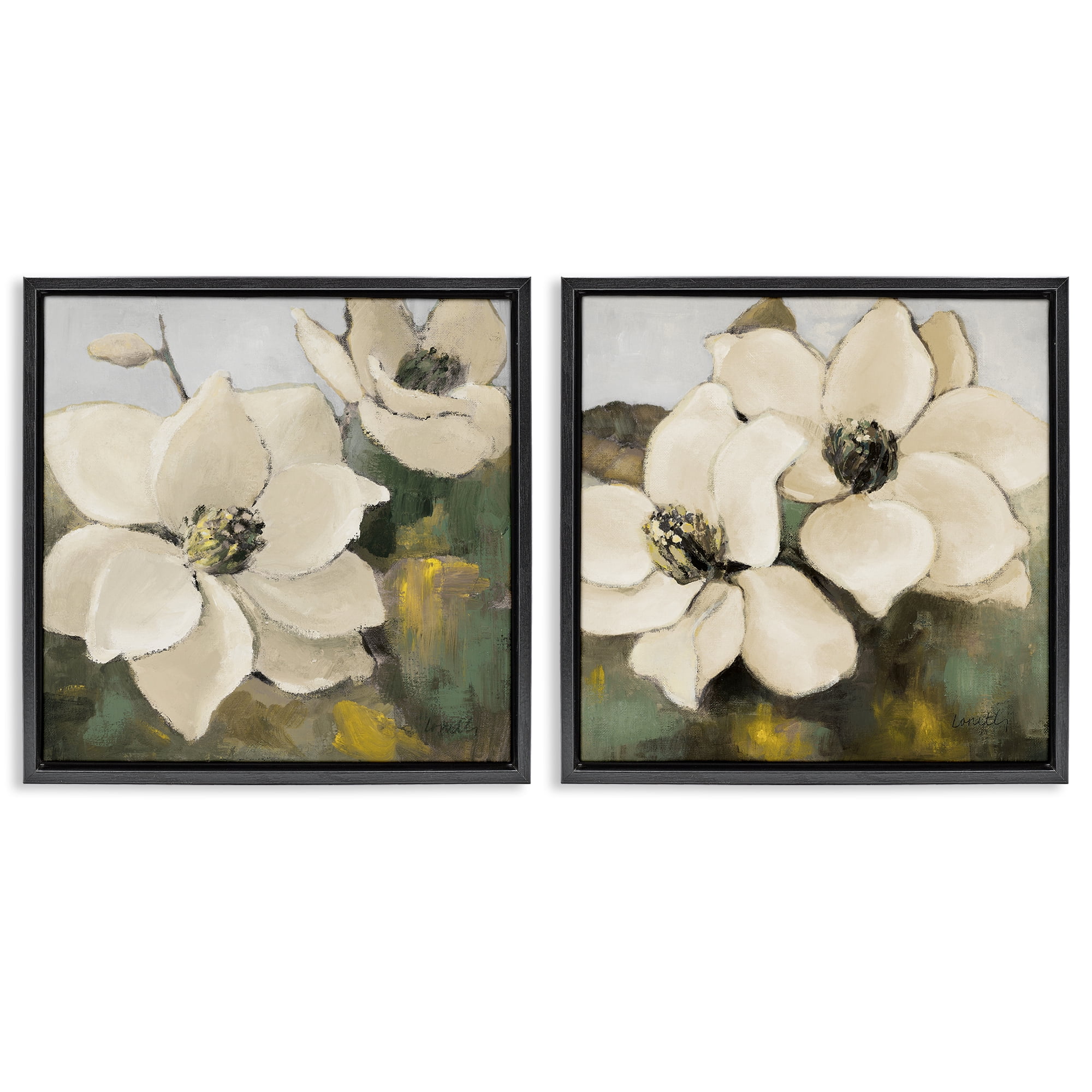 Stupell Industries Blooming Magnolia Blossom Plants & Flowers Painting Black Floater Framed Canvas Art Print Wall Art, 25 x 25, Set of 2
