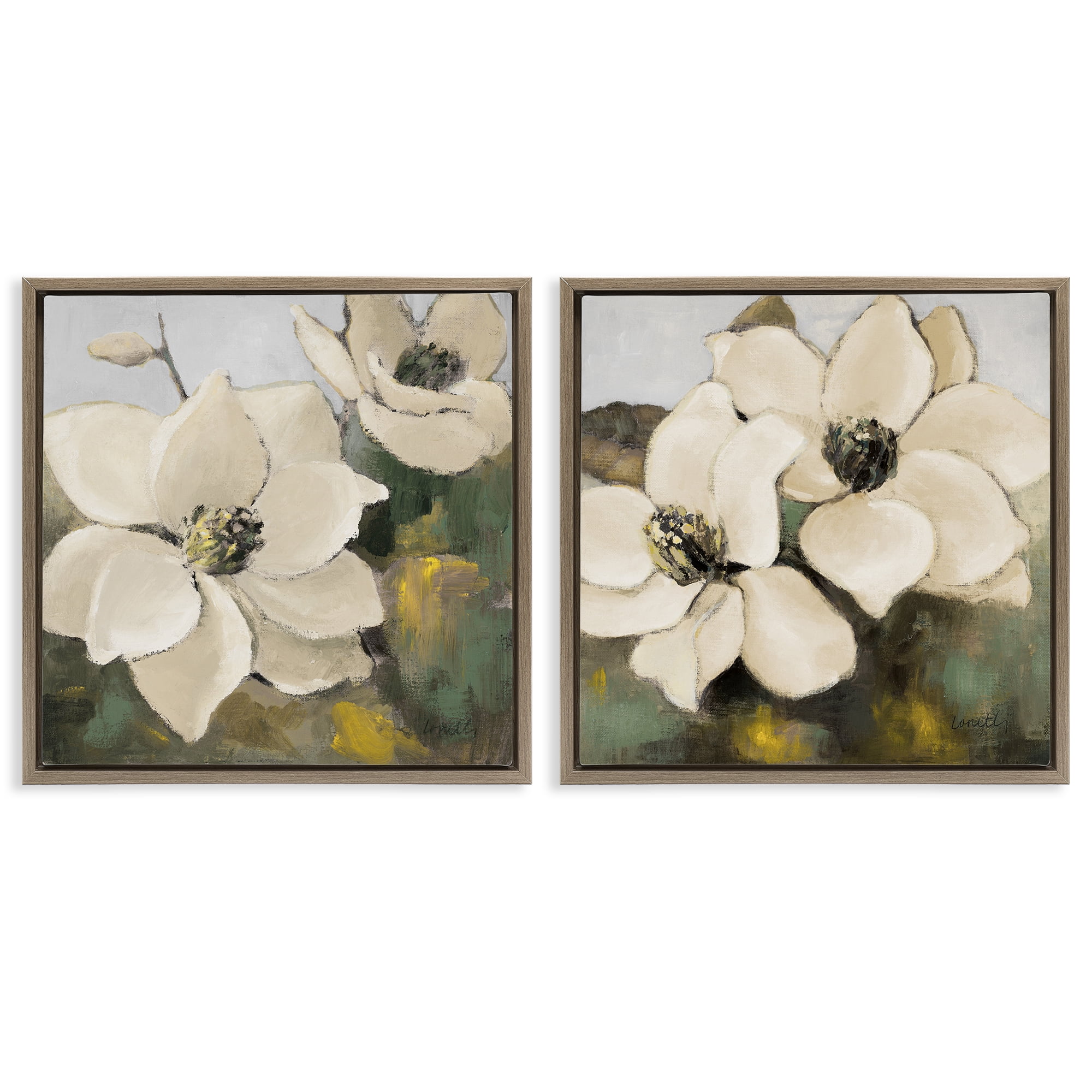 Stupell Industries Blooming Magnolia Blossom Plants & Flowers Painting Brown Floater Framed Canvas Art Print Wall Art, 25 x 25, Set of 2