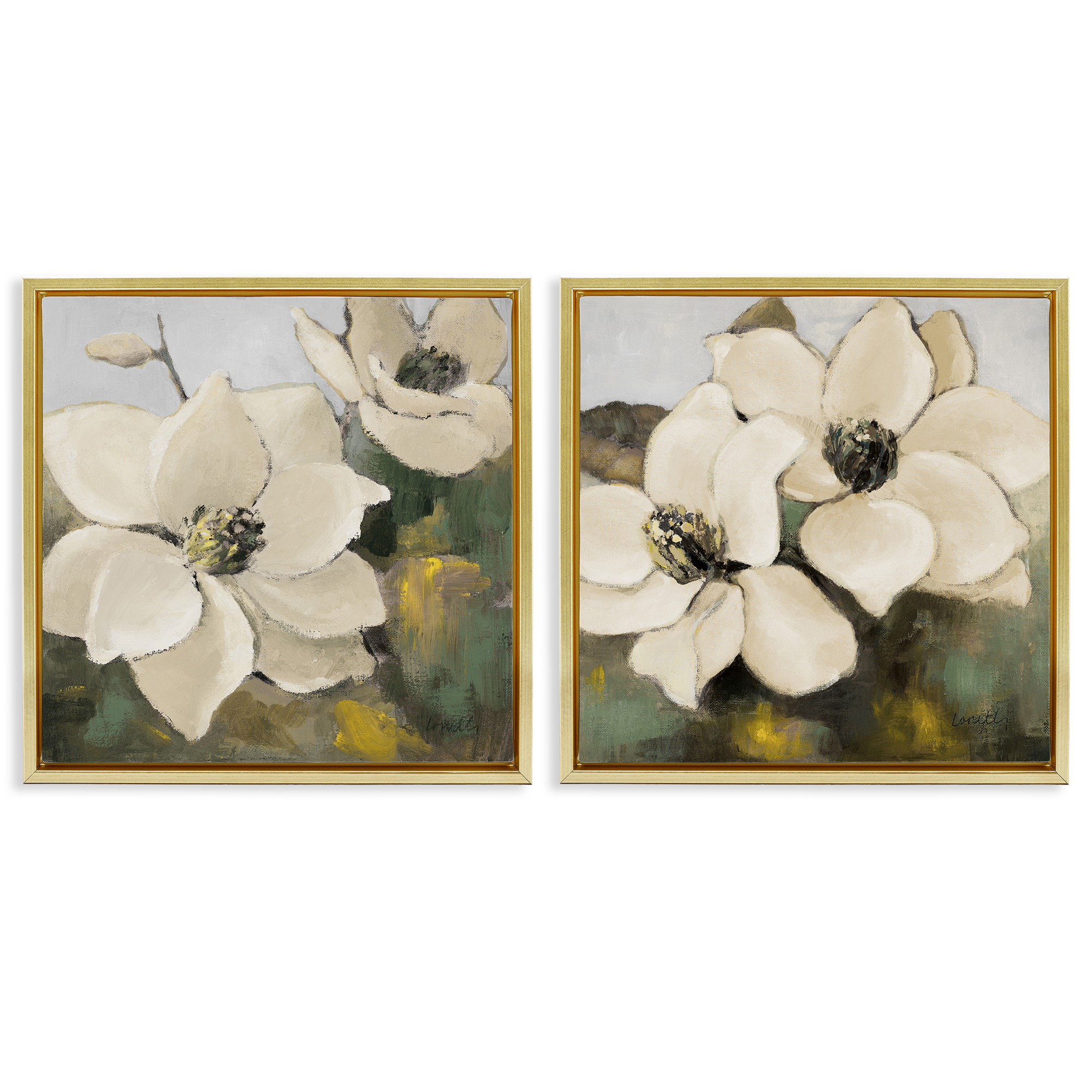 Stupell Industries Blooming Magnolia Blossom Plants & Flowers Painting Gold Floater Framed Canvas Art Print Wall Art, 18 x 18, Set of 2
