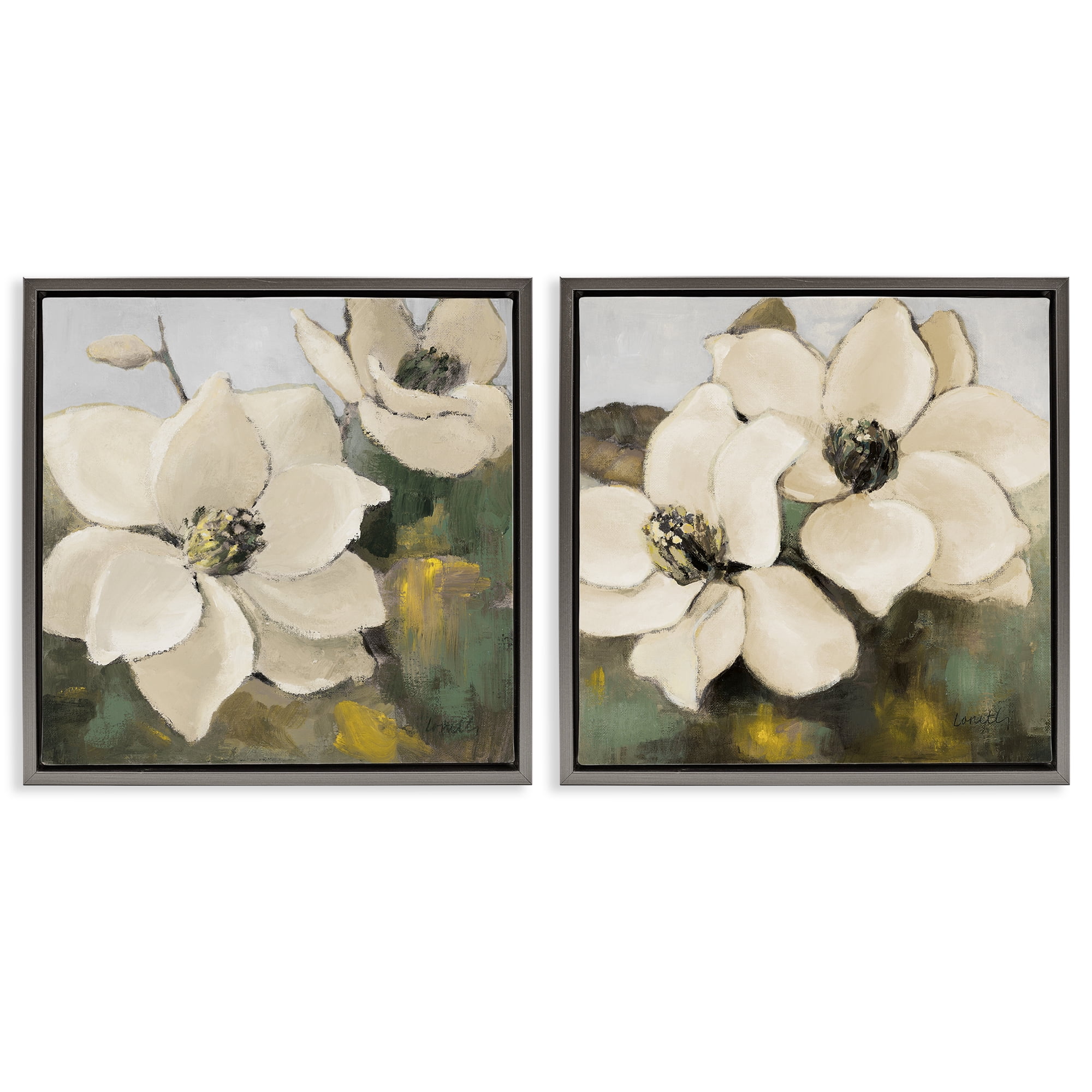 Stupell Industries Blooming Magnolia Blossom Plants & Flowers Painting Gray Floater Framed Canvas Art Print Wall Art, 18 x 18, Set of 2