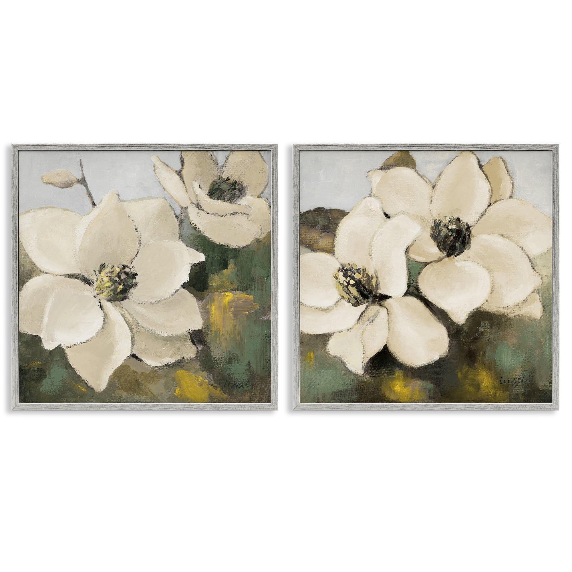 Stupell Industries Blooming Magnolia Blossom Plants & Flowers Painting Gray Framed Art Print Wall Art, 17 x 17, Set of 2
