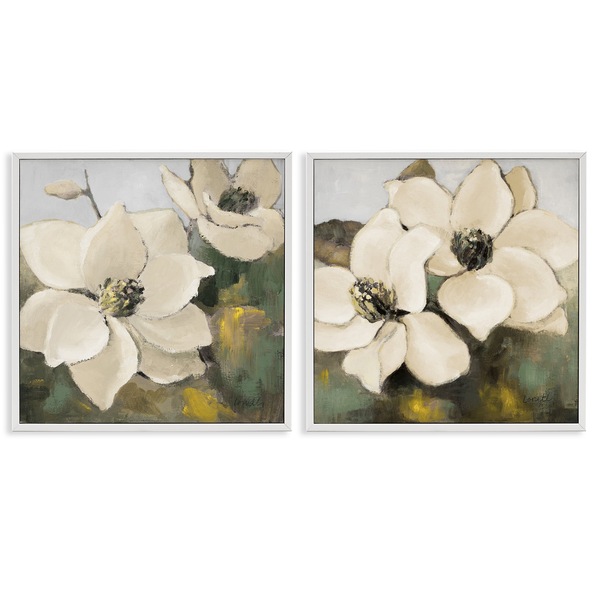 Stupell Industries Blooming Magnolia Blossom Plants & Flowers Painting White Framed Art Print Wall Art, 24 x 24, Set of 2