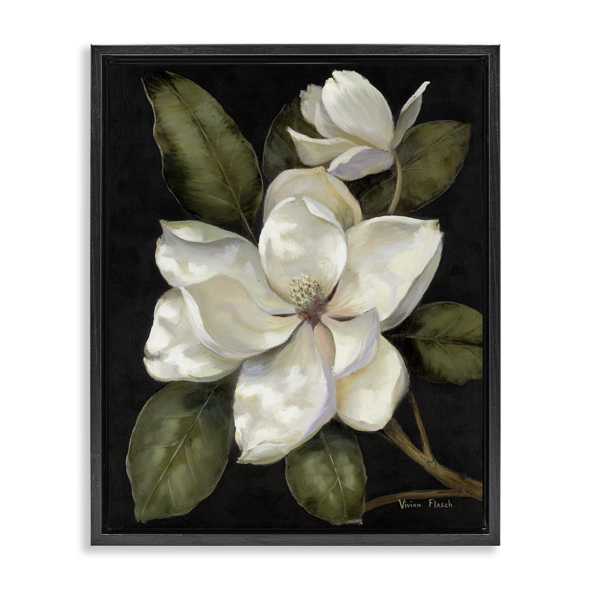 Stupell Industries Blooming Magnolia Buds Black Framed Floater Canvas Wall Art, design by Nan