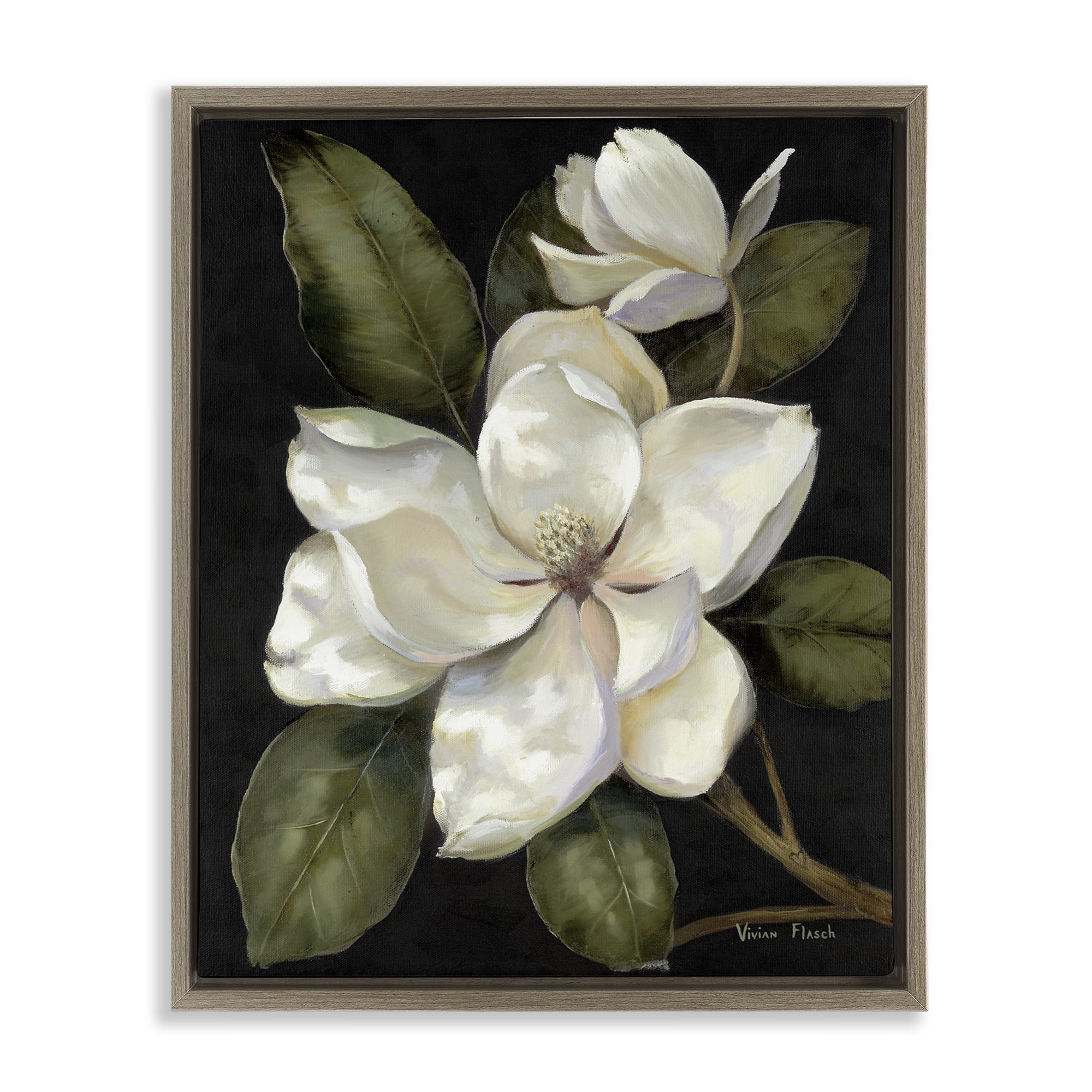 Stupell Industries Blooming Magnolia Buds Brown Framed Floater Canvas Wall Art, design by Nan