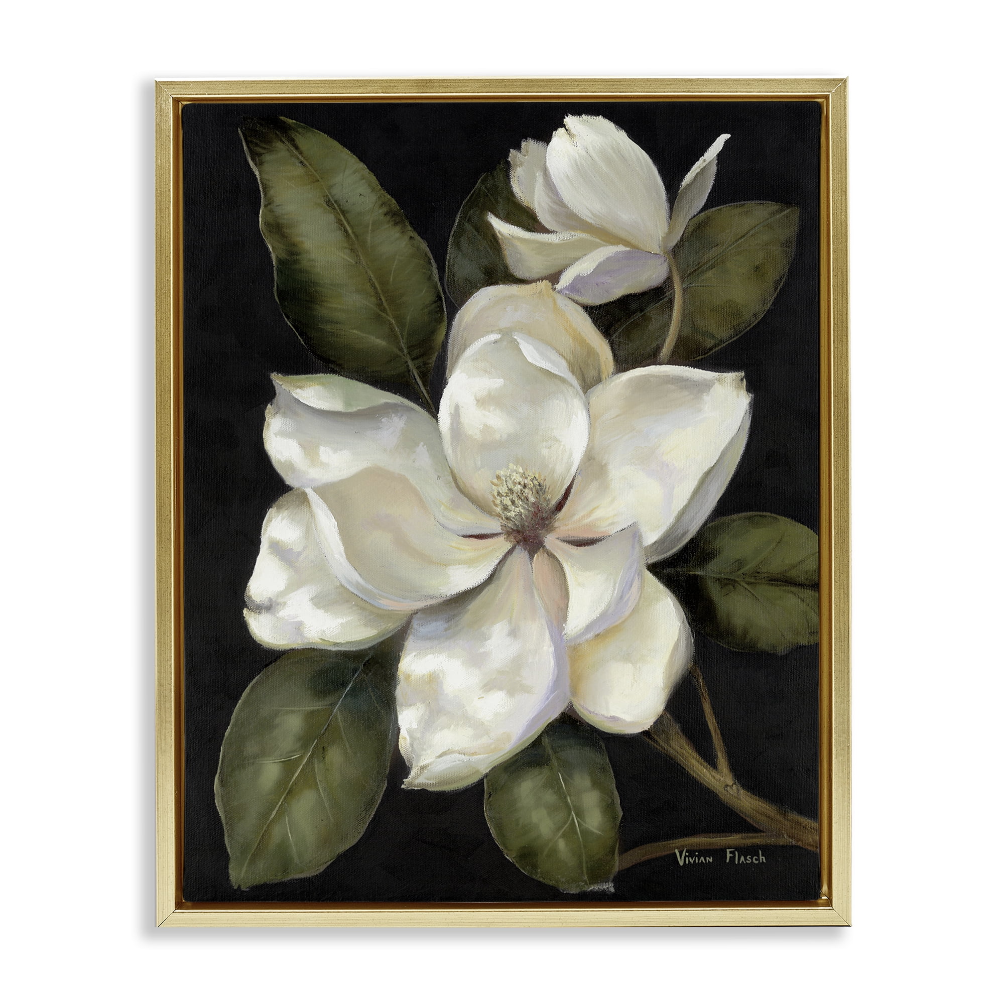 Stupell Industries Blooming Magnolia Buds Gold Framed Floater Canvas Wall Art, design by Nan