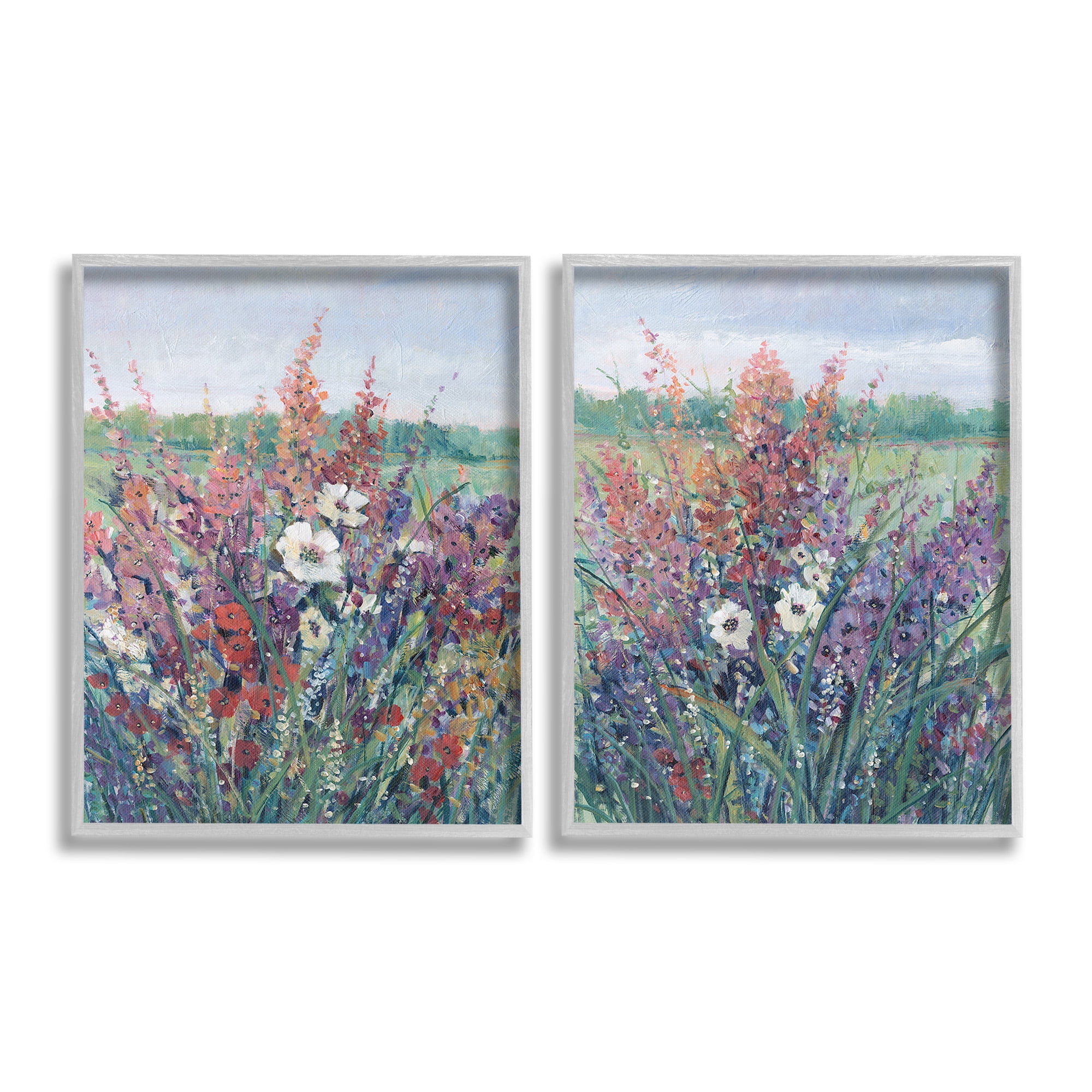 Stupell Industries Blooming Meadow Plants Botanical & Floral Painting Gray Framed Art Print Wall Art, 11 x 14, Set of 2