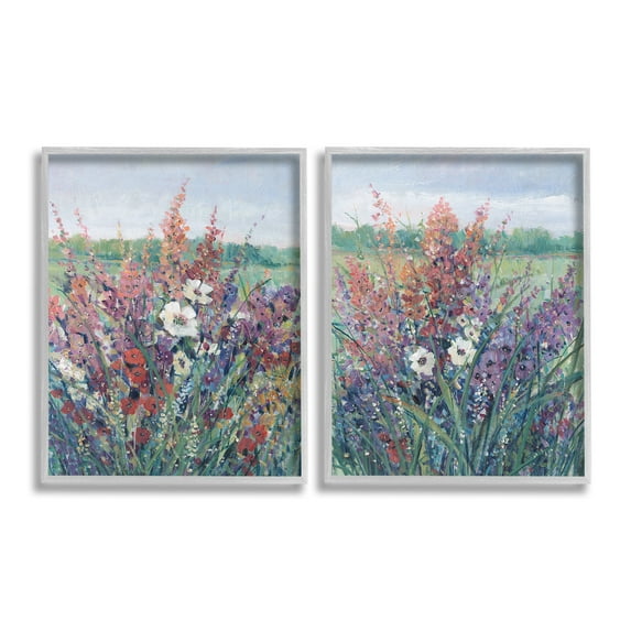 Stupell Industries Blooming Meadow Plants Botanical & Floral Painting Gray Framed Art Print Wall Art, 16 x 20, Set of 2