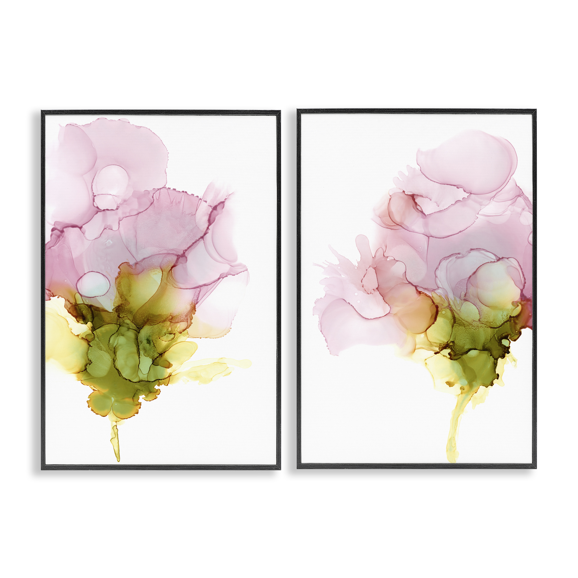 Stupell Industries Blooming Pink Ink Blossom Abstract Painting Black Framed Art Print Wall Art, 12 x 18, Set of 2