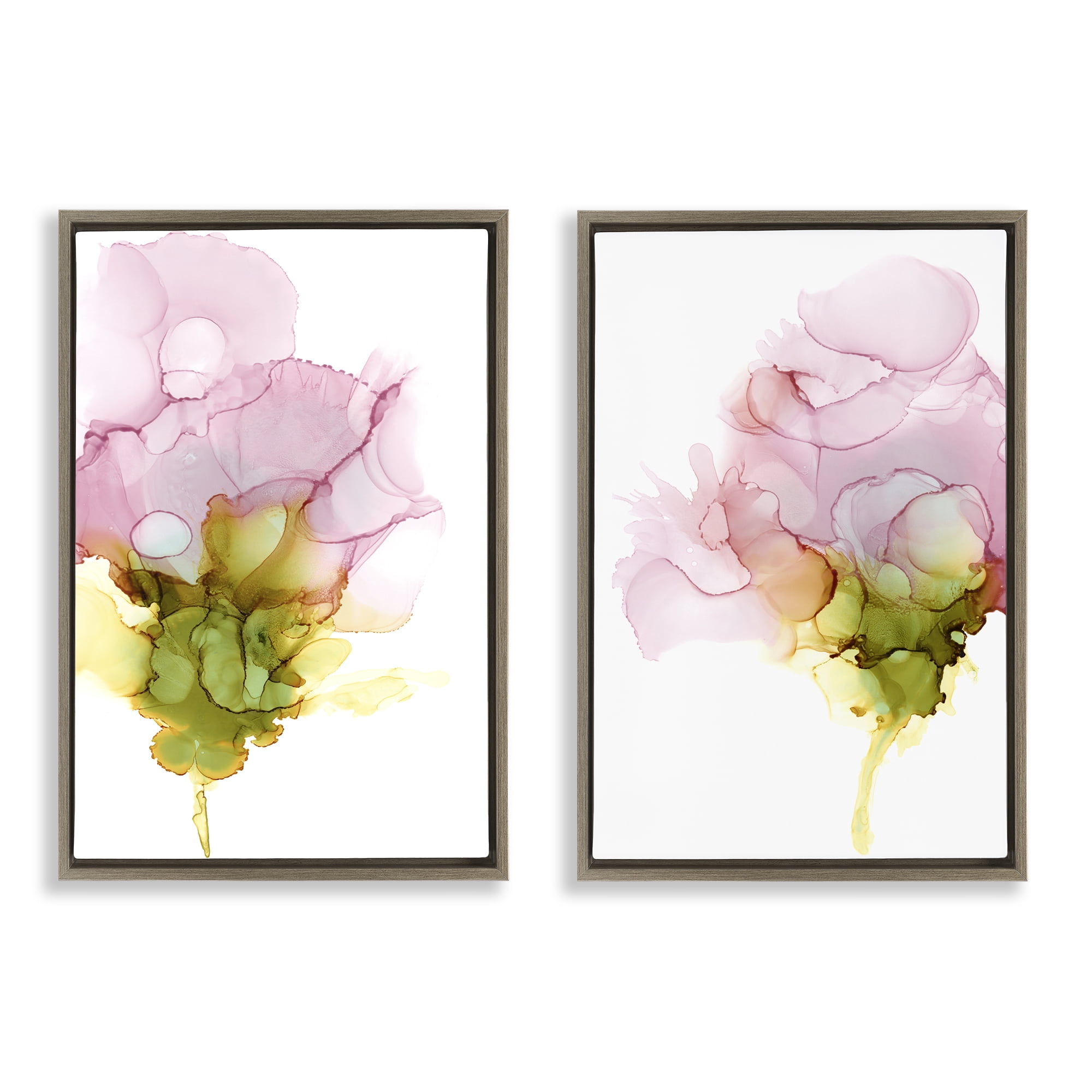 Stupell Industries Blooming Pink Ink Blossom Abstract Painting Brown Floater Framed Canvas Art Print Wall Art, 17 x 25, Set of 2