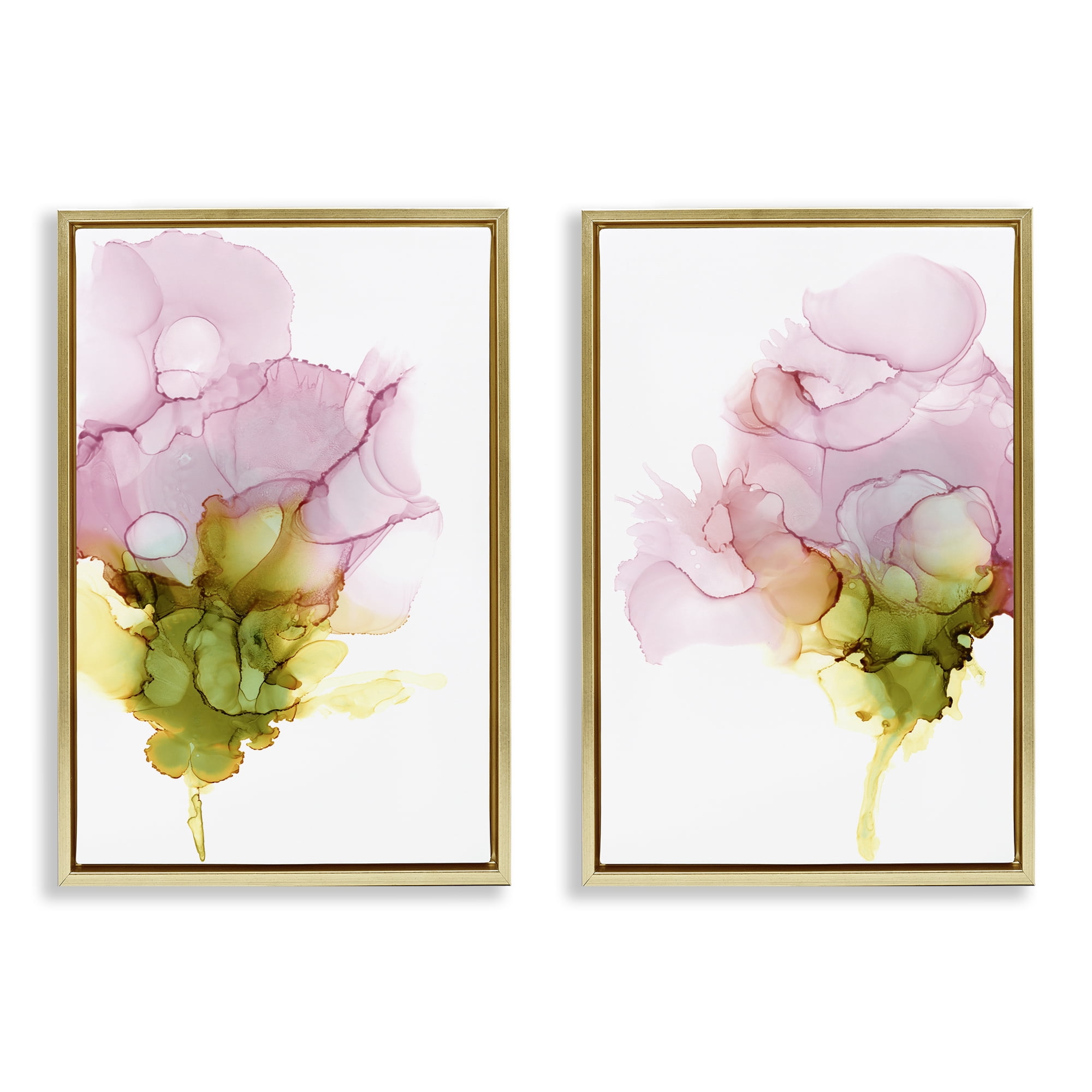 Stupell Industries Blooming Pink Ink Blossom Abstract Painting Gold Floater Framed Canvas Art Print Wall Art, 17 x 25, Set of 2