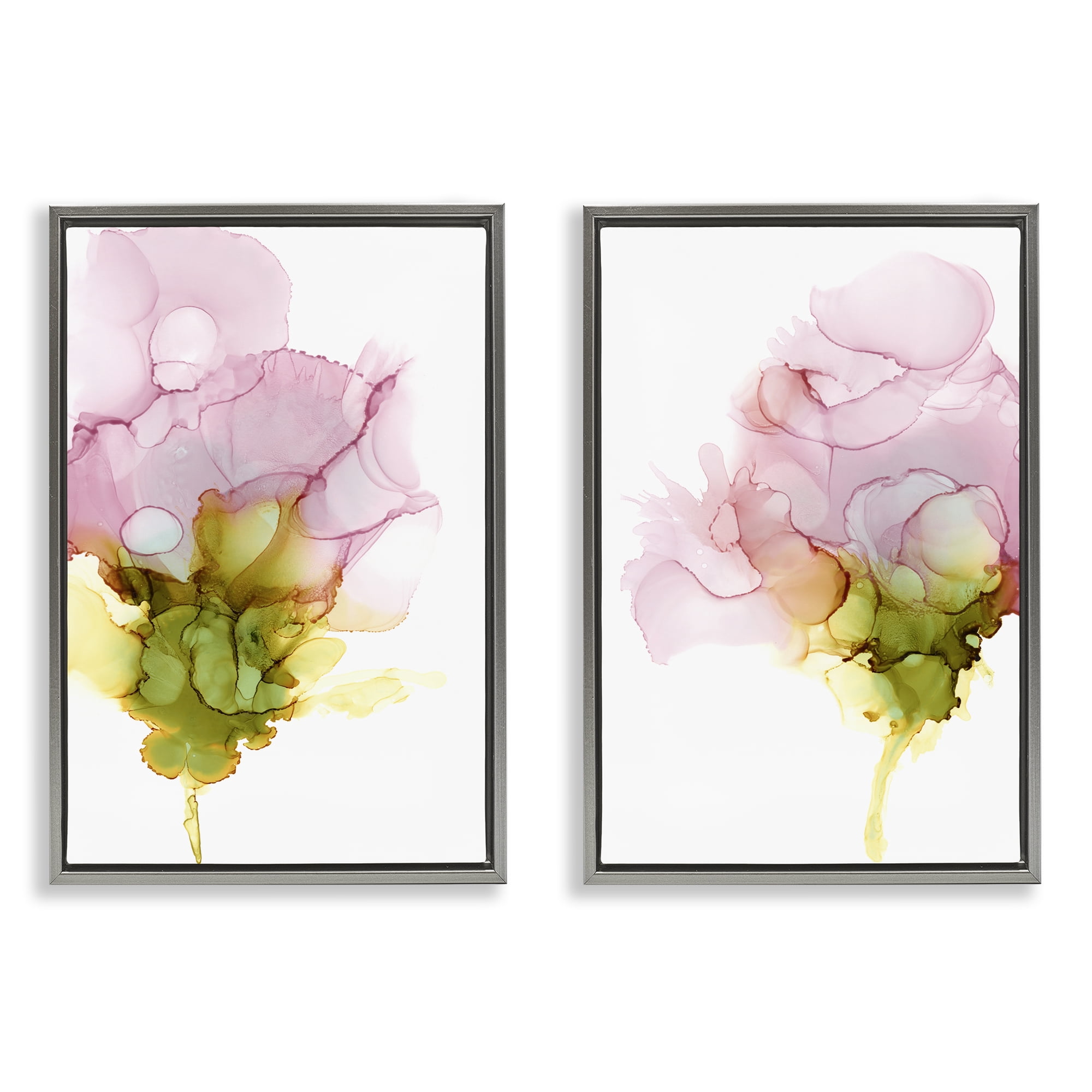 Stupell Industries Blooming Pink Ink Blossom Abstract Painting Gray Floater Framed Canvas Art Print Wall Art, 21 x 31, Set of 2