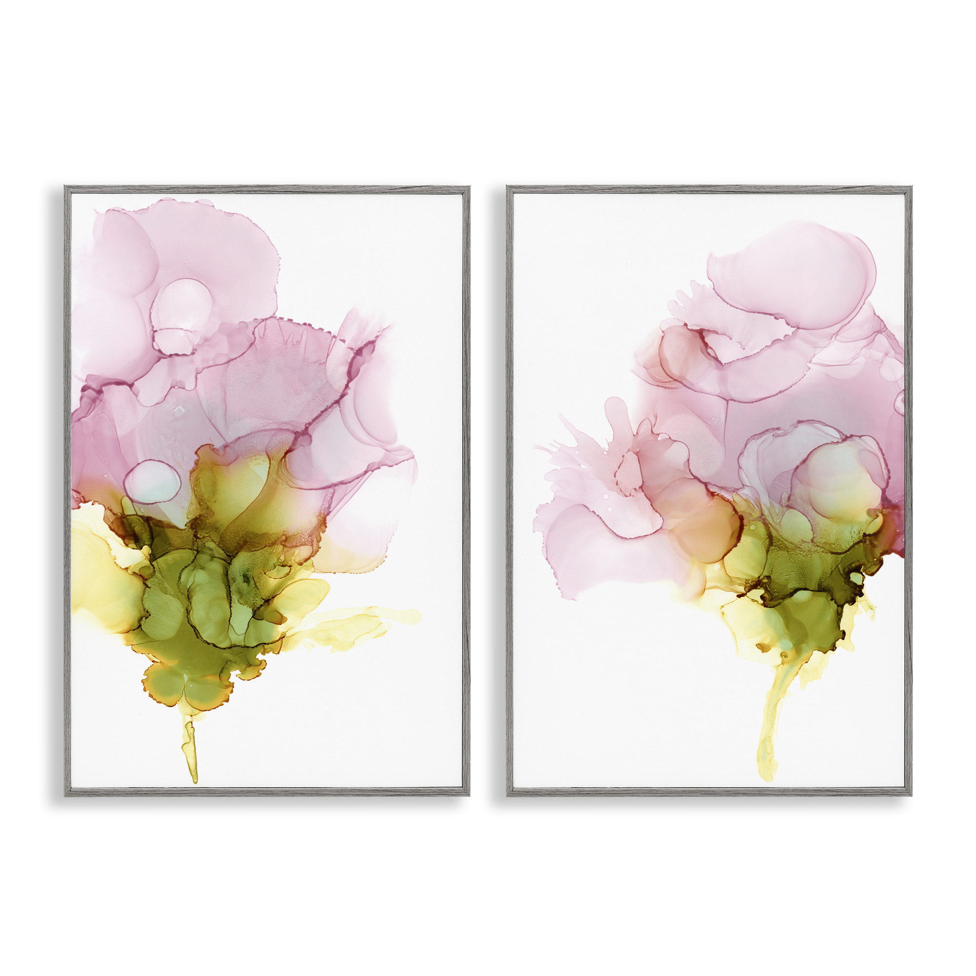 Stupell Industries Blooming Pink Ink Blossom Abstract Painting Gray Framed Art Print Wall Art, 16 x 24, Set of 2