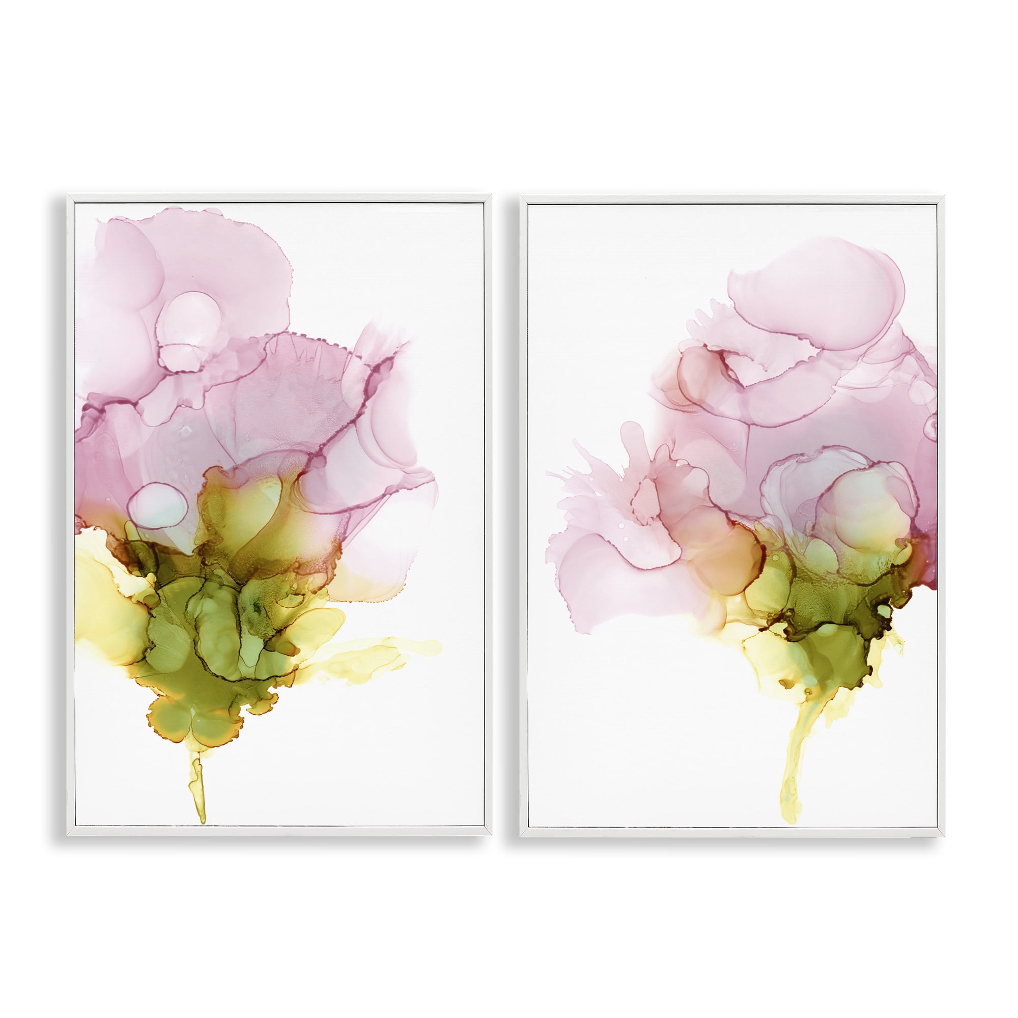 Stupell Industries Blooming Pink Ink Blossom Abstract Painting White Framed Art Print Wall Art, 16 x 24, Set of 2