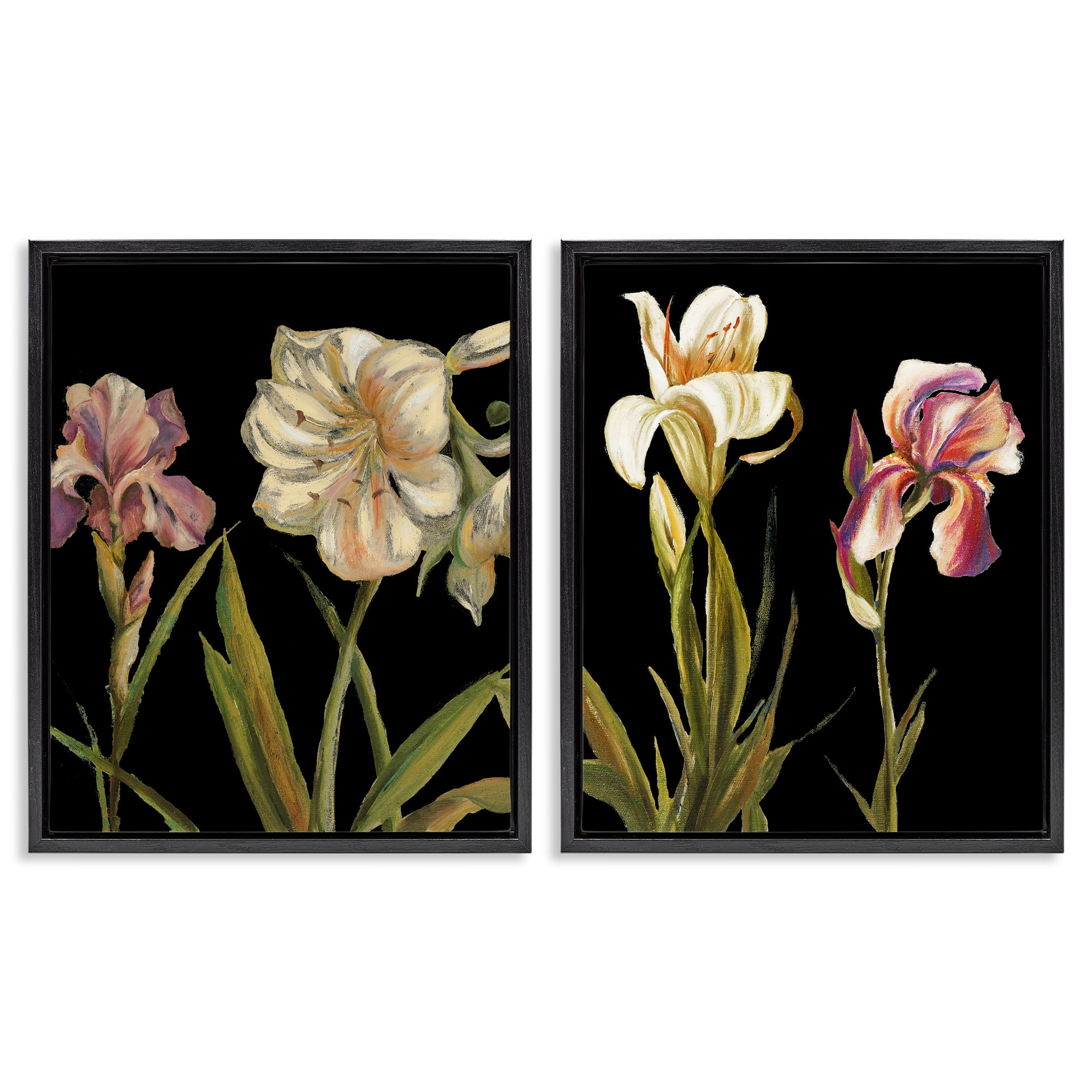 Stupell Industries Blooming Purple Iris White Lily Plants & Flowers Painting Black Floater Framed Canvas Art Print Wall Art, 31 x 25, Set of 2