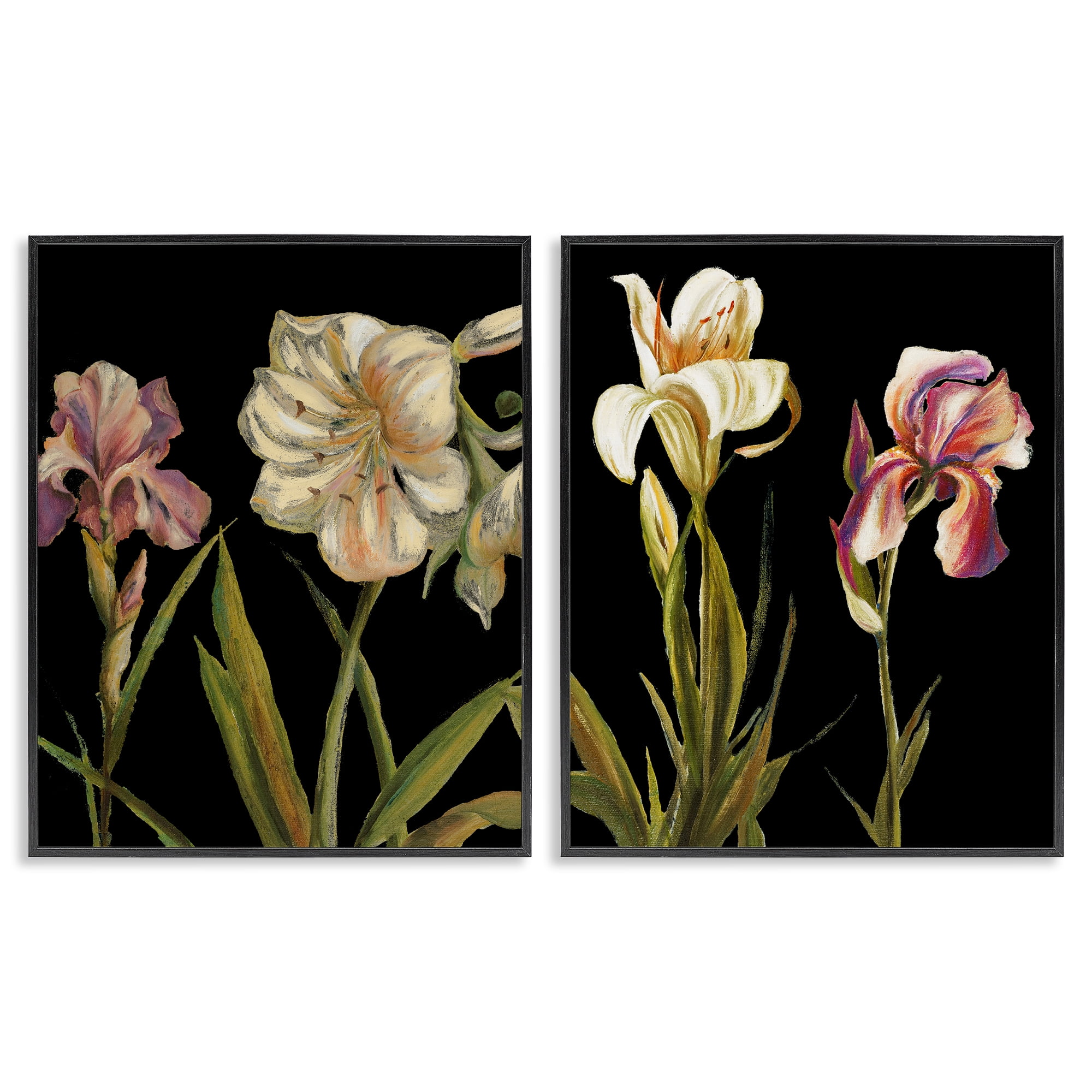 Stupell Industries Blooming Purple Iris White Lily Plants & Flowers Painting Black Framed Art Print Wall Art, 24 x 30, Set of 2