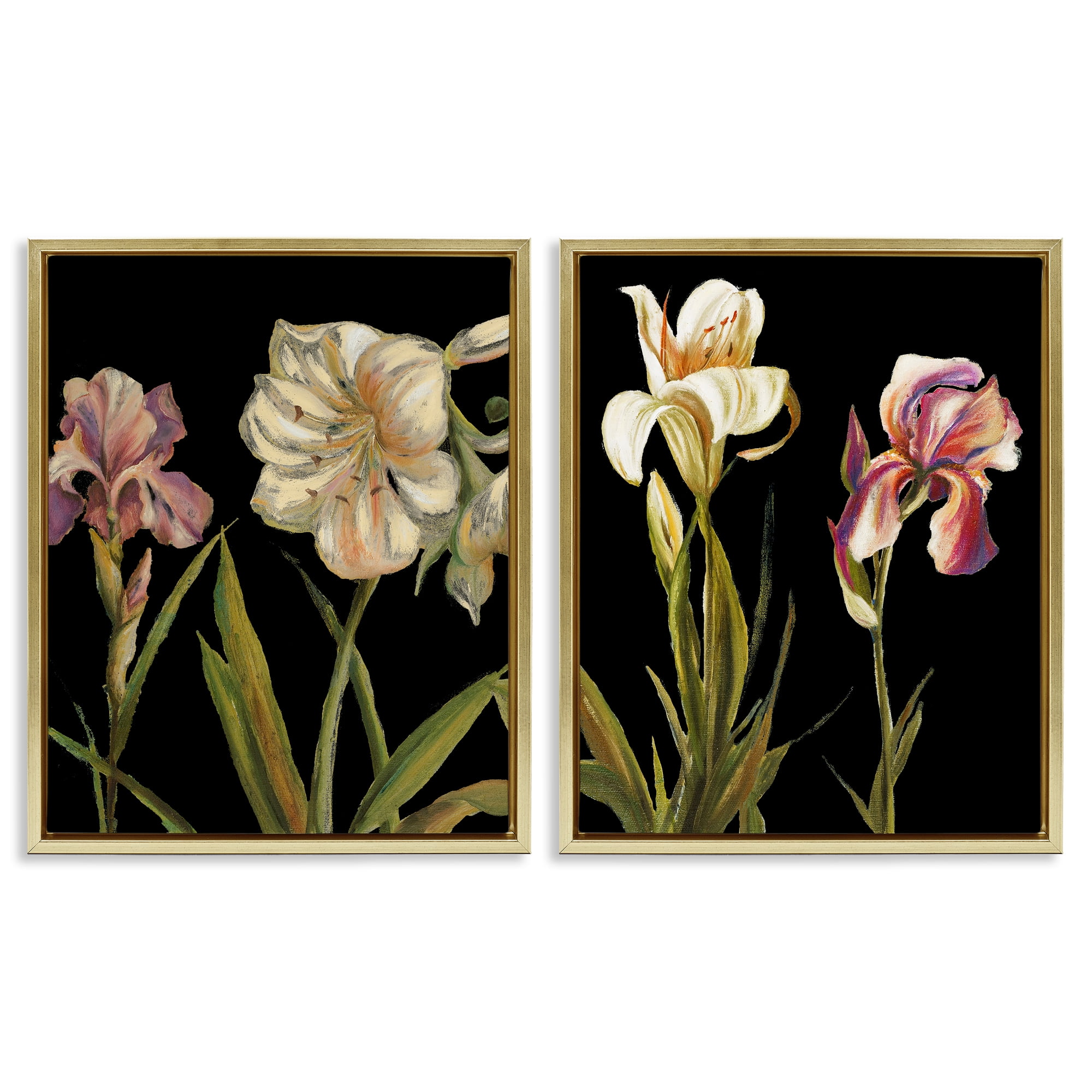 Stupell Industries Blooming Purple Iris White Lily Plants & Flowers Painting Gold Floater Framed Canvas Art Print Wall Art, 31 x 25, Set of 2