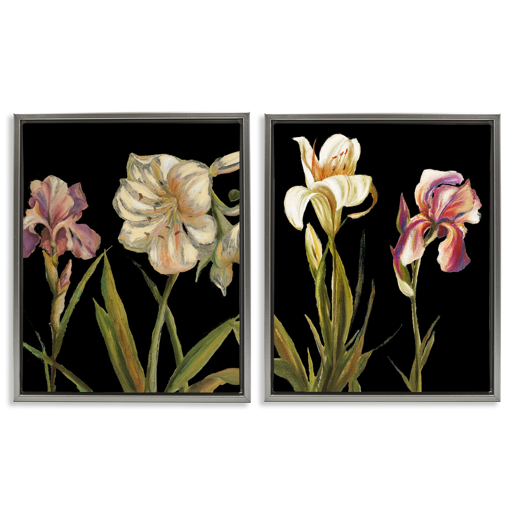 Stupell Industries Blooming Purple Iris White Lily Plants & Flowers Painting Gray Floater Framed Canvas Art Print Wall Art, 17 x 21, Set of 2