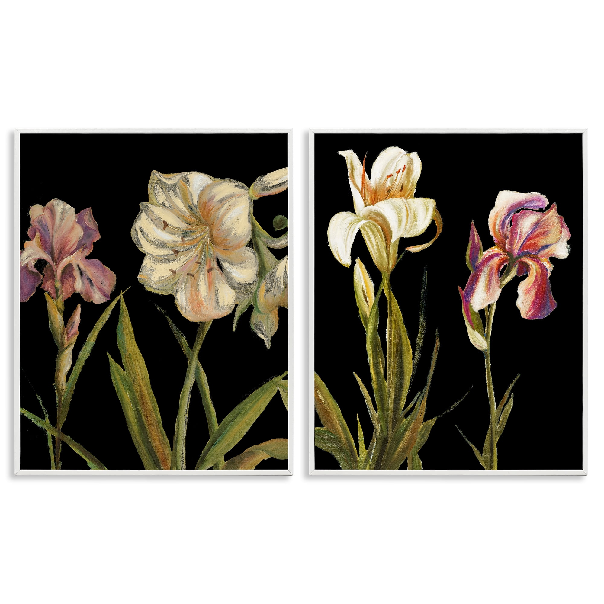 Stupell Industries Blooming Purple Iris White Lily Plants & Flowers Painting White Framed Art Print Wall Art, 11 x 14, Set of 2