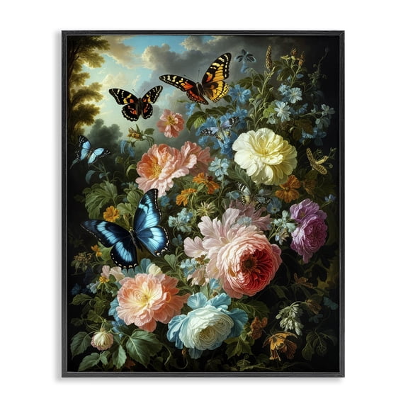 Stupell Industries Blooming Roses & Monarch Butterflies Floral Painting Black Framed Art Print Wall Art, 11 x 14