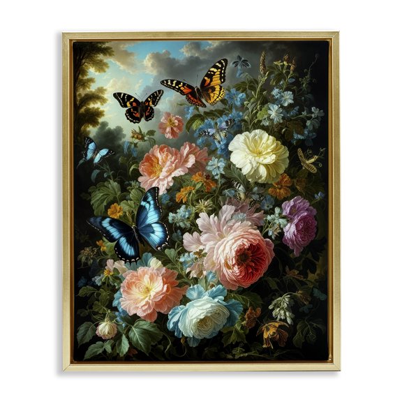 Stupell Industries Blooming Roses & Monarch Butterflies Floral Painting Gold Floater Framed Canvas Art Print Wall Art, 17 x 21