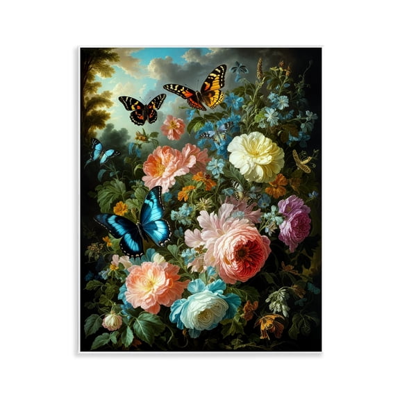 Stupell Industries Blooming Roses & Monarch Butterflies Floral Painting Unframed Art Print Wall Art, 11 x 14