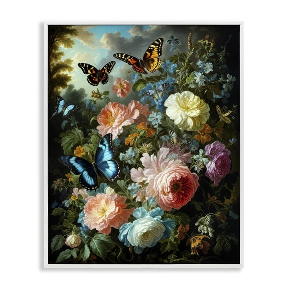 Stupell Industries Blooming Roses & Monarch Butterflies Floral Painting White Framed Art Print Wall Art, 11 x 14