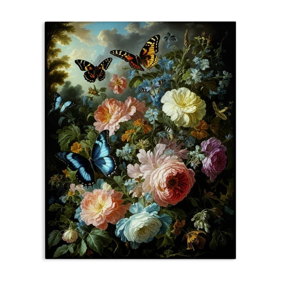 Stupell Industries Blooming Roses & Monarch Butterflies Floral Painting Wrapped Canvas Canvas Art Print Wall Art, 16 x 20