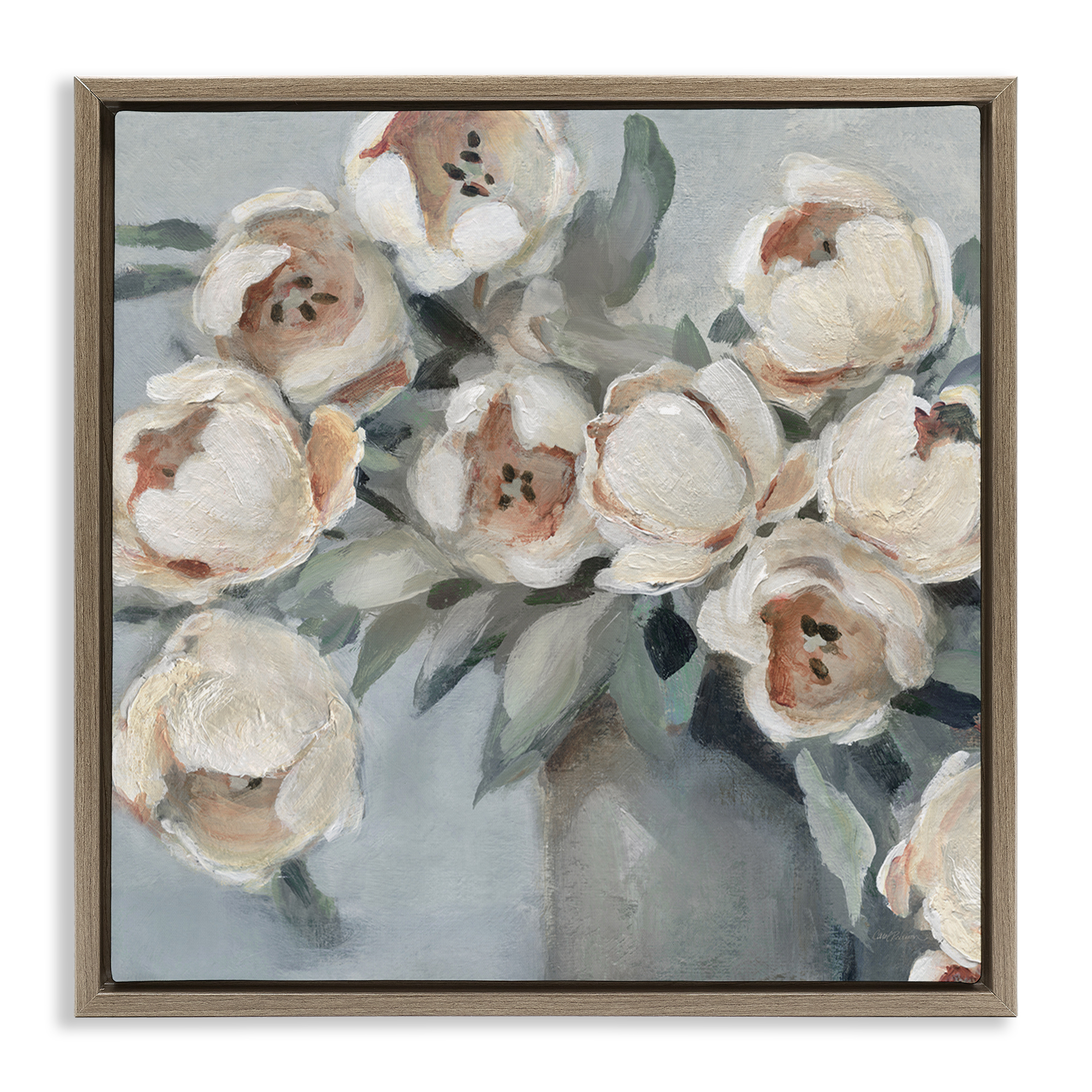 Stupell Industries Blooming Round Peonies Plants & Flowers Painting Brown Floater Framed Canvas Art Print Wall Art, 25 x 25