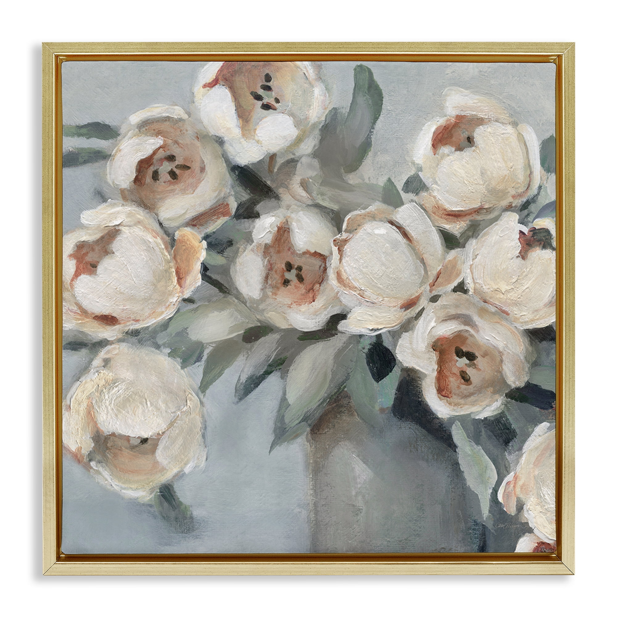 Stupell Industries Blooming Round Peonies Plants & Flowers Painting Gold Floater Framed Canvas Art Print Wall Art, 18 x 18