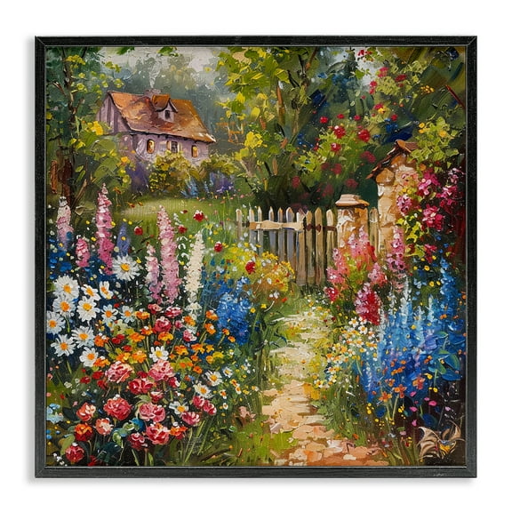 Stupell Industries Blooming Spring Cottage Landscape & Nature Painting Black Framed Art Print Wall Art, 12 x 12