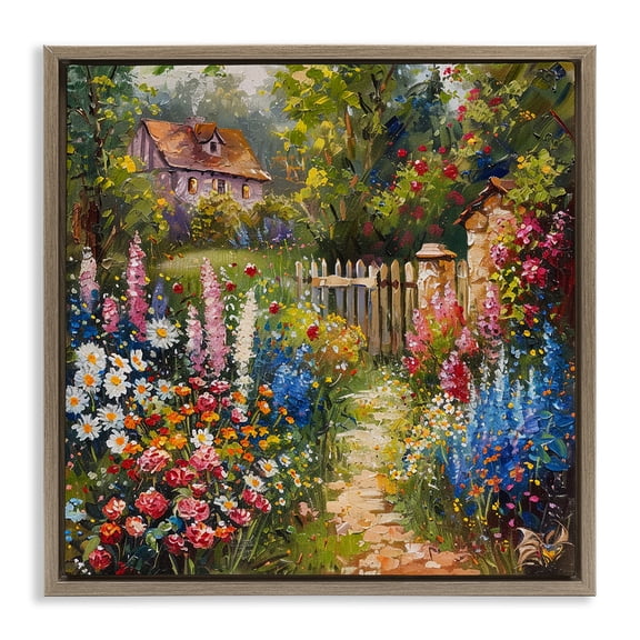 Stupell Industries Blooming Spring Cottage Landscape & Nature Painting Brown Floater Framed Canvas Art Print Wall Art, 18 x 18