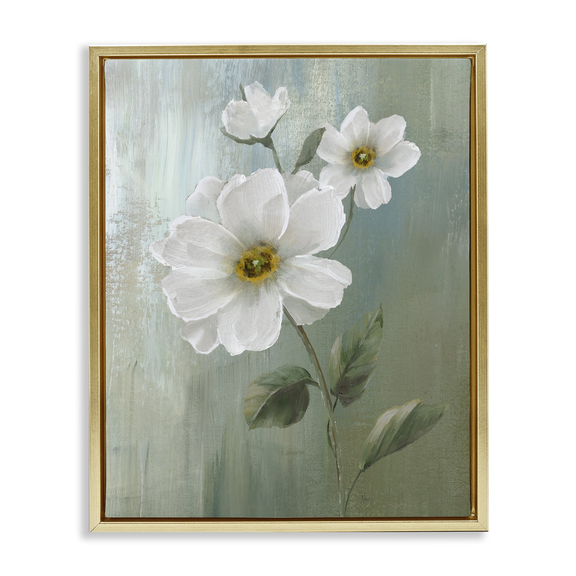Stupell Industries Blooming White Blossoms Plants & Flowers Painting Gold Floater Framed Canvas Art Print Wall Art, 17 x 21