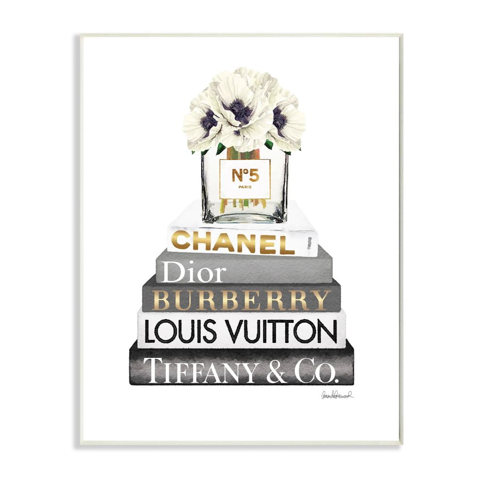 Stupell Industries Blooming White Floral Display on Glam Designer Bookstack Designed by Amanda Greenwood